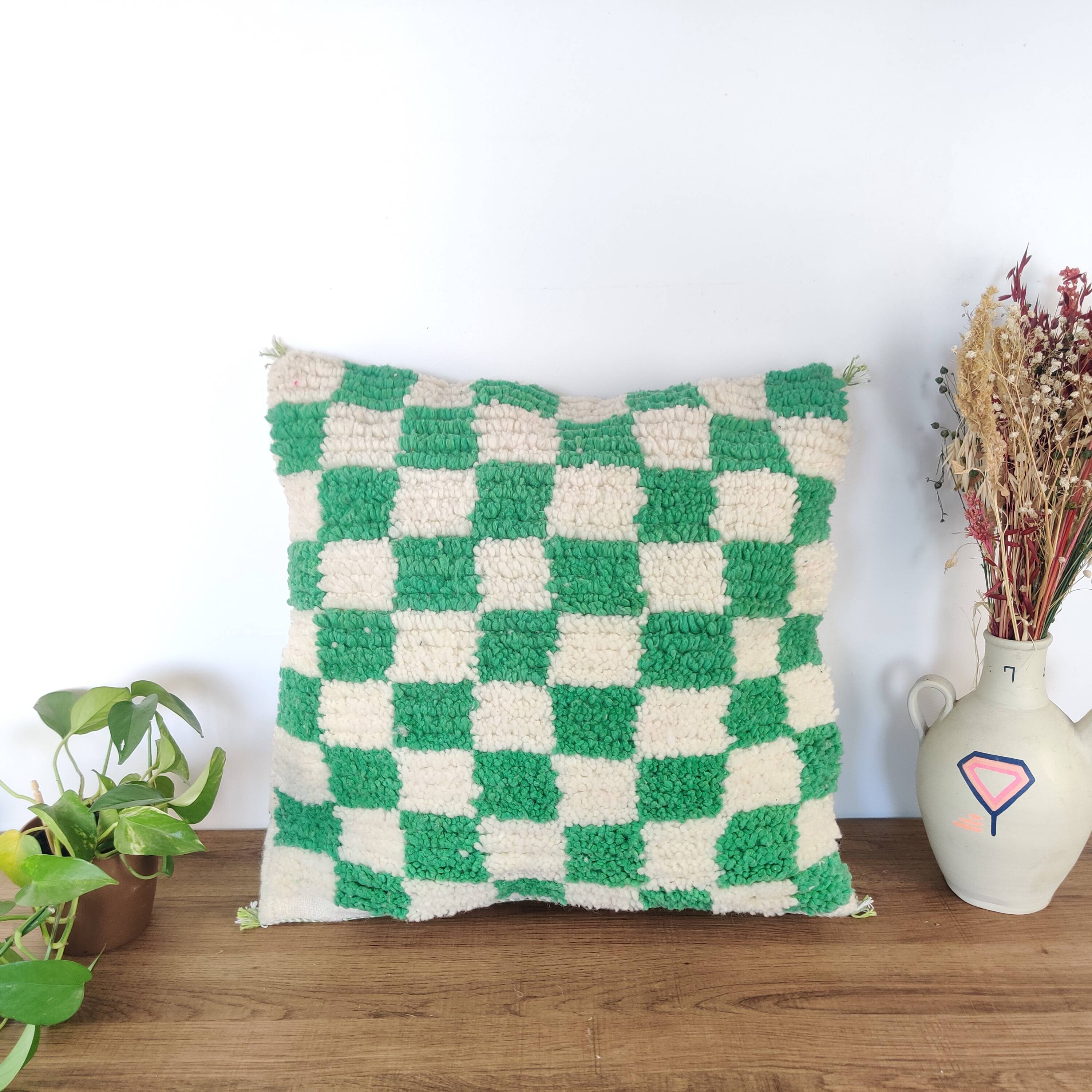 Berber green checkerboard cushion