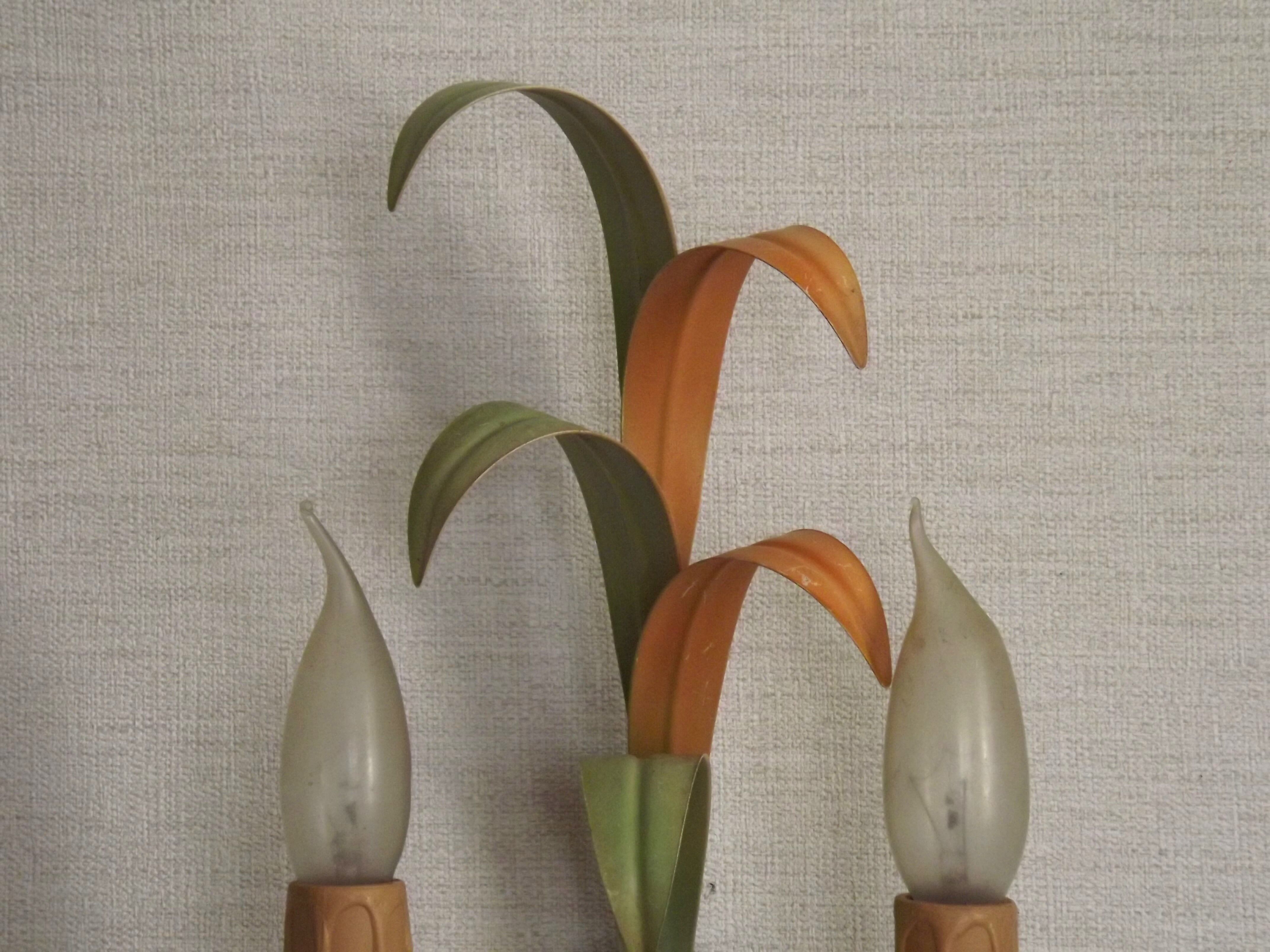 French vintage metal double wall light with peach and green leaves.