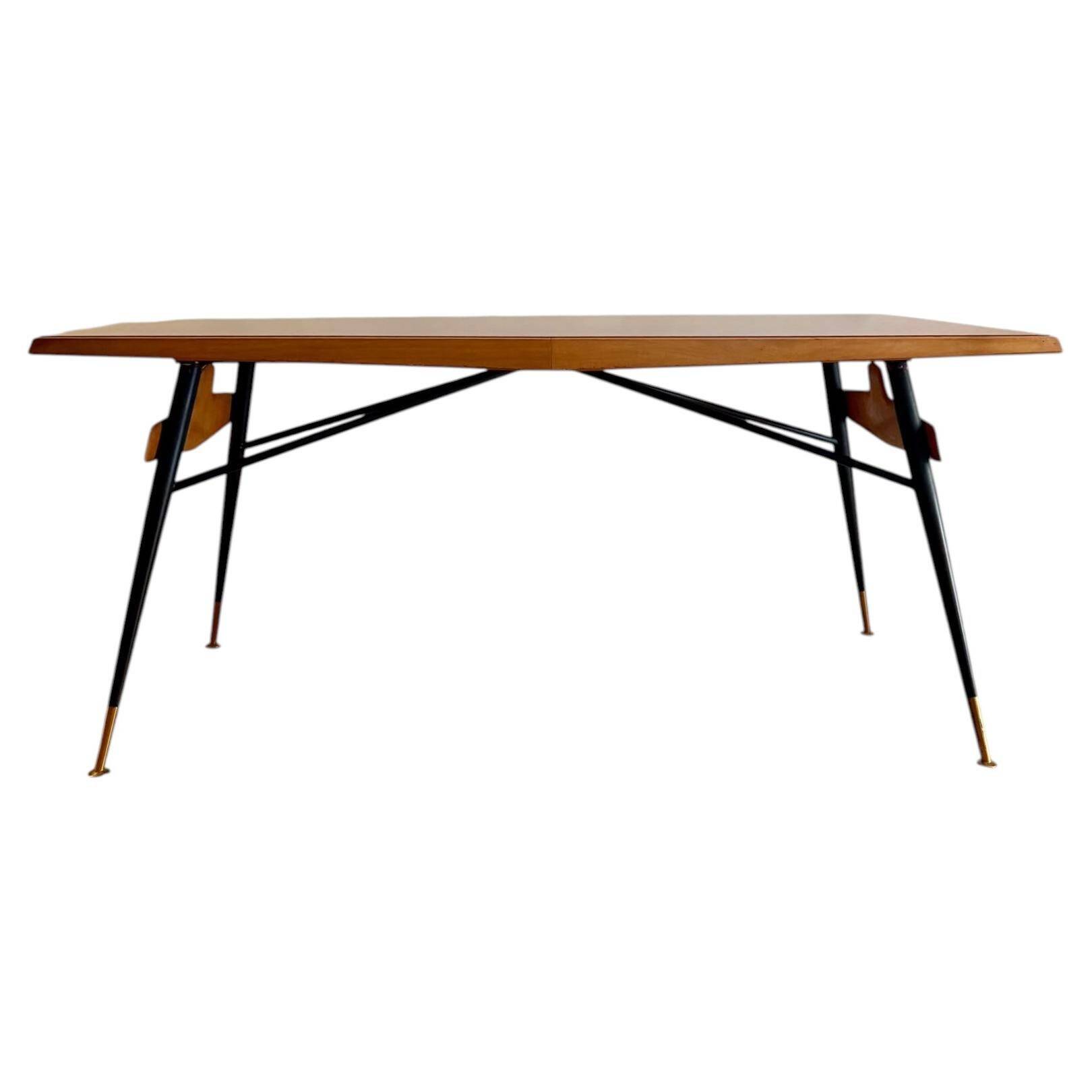 Original table by Ico Parisi with a structure of wood, metal, and stained glass.
