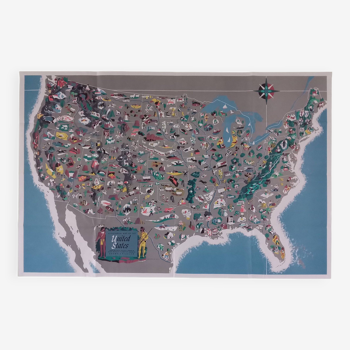 Affiche des USA, carte picturale des Etats-unis