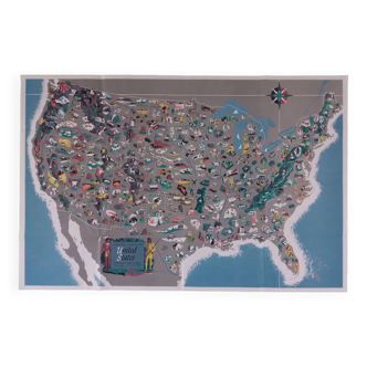Affiche des USA, carte picturale des Etats-unis