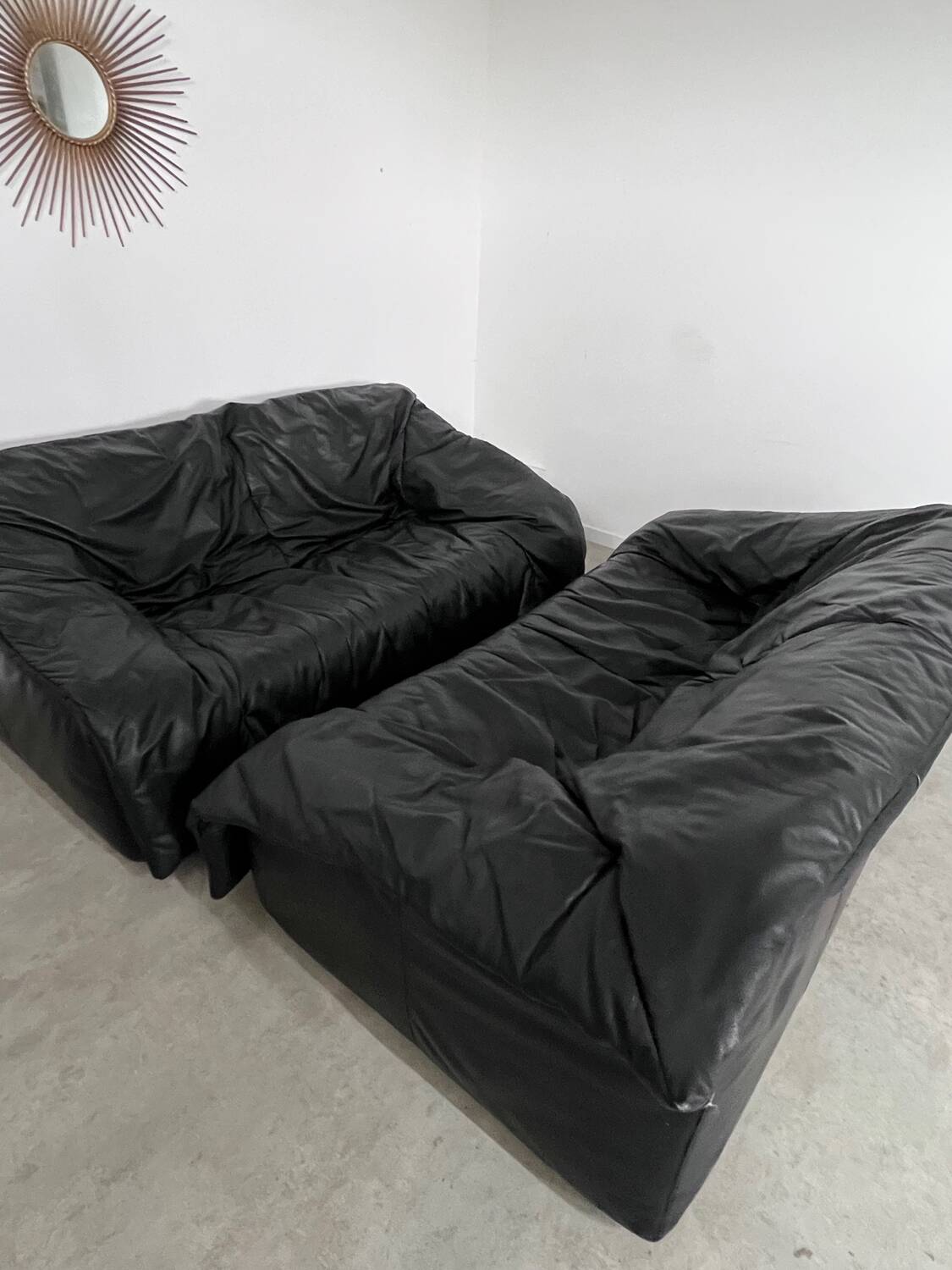 Vintage sofa set roset line Flou Flou designer sofa 80s black leather