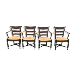 suite de 4 fauteuils rustique provençaux paille et noyer
