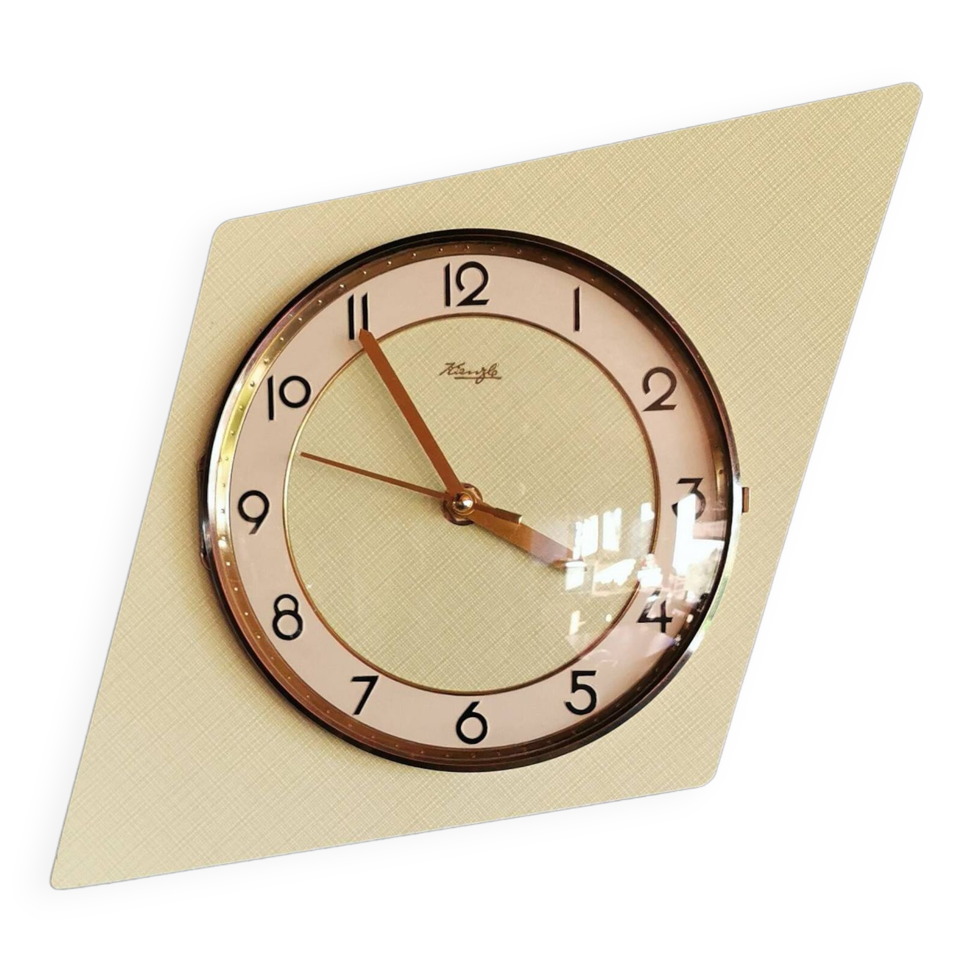 Vintage formica clock silent asymmetrical wall pendulum "Kienzle green"