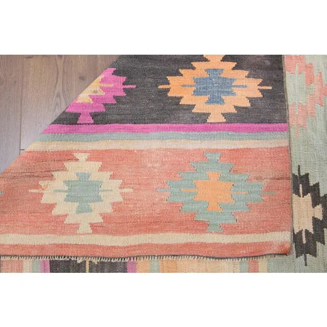 Vintage Turkish Oushak Handmade Wool Cotton Green Kilim Runner Rug 129x297