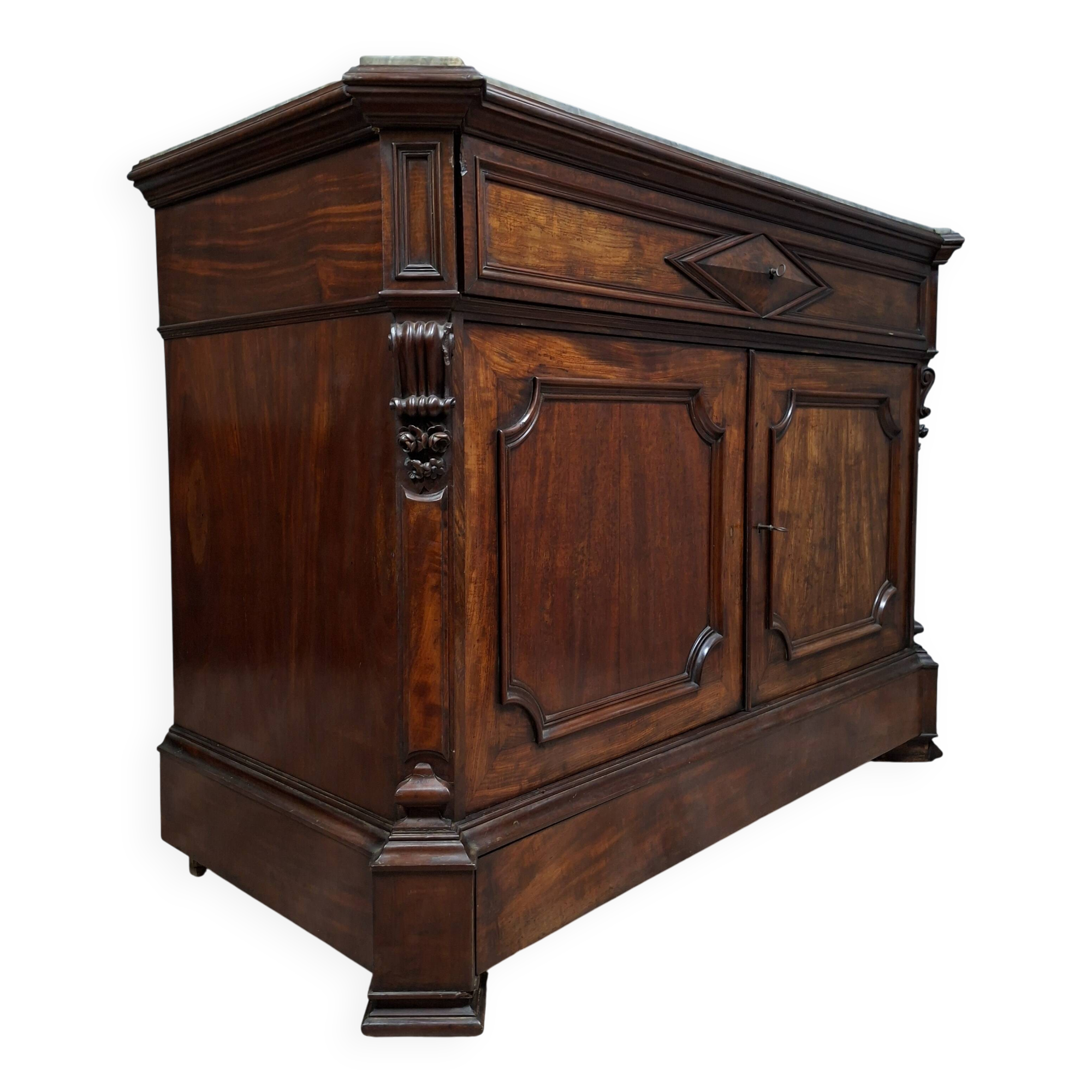 writing desk forming a secretary with a drop-down flap, in mahogany and veneer