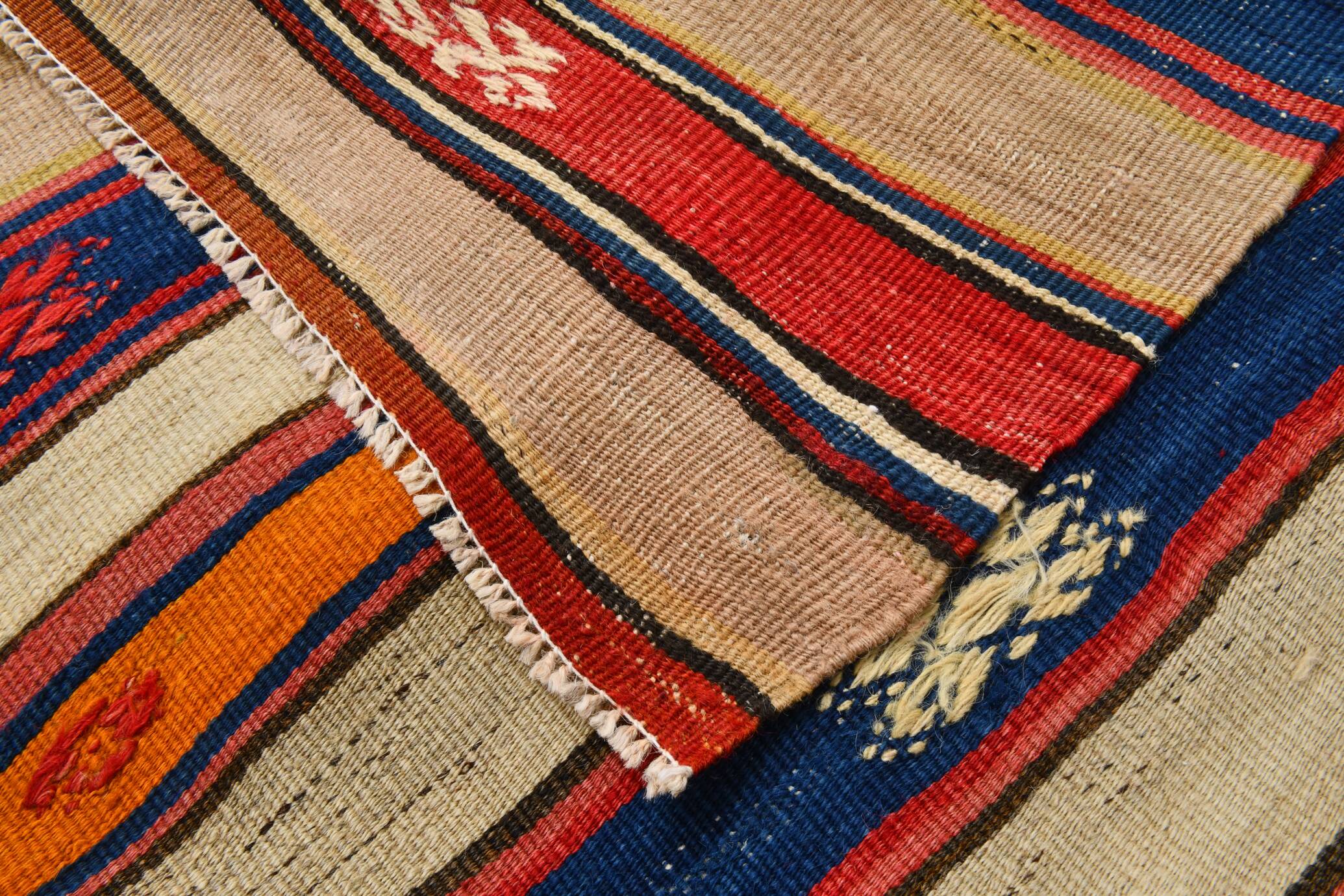 Cream Blue Striped Pattern Vintage Kilim Rug, 162x267Cm