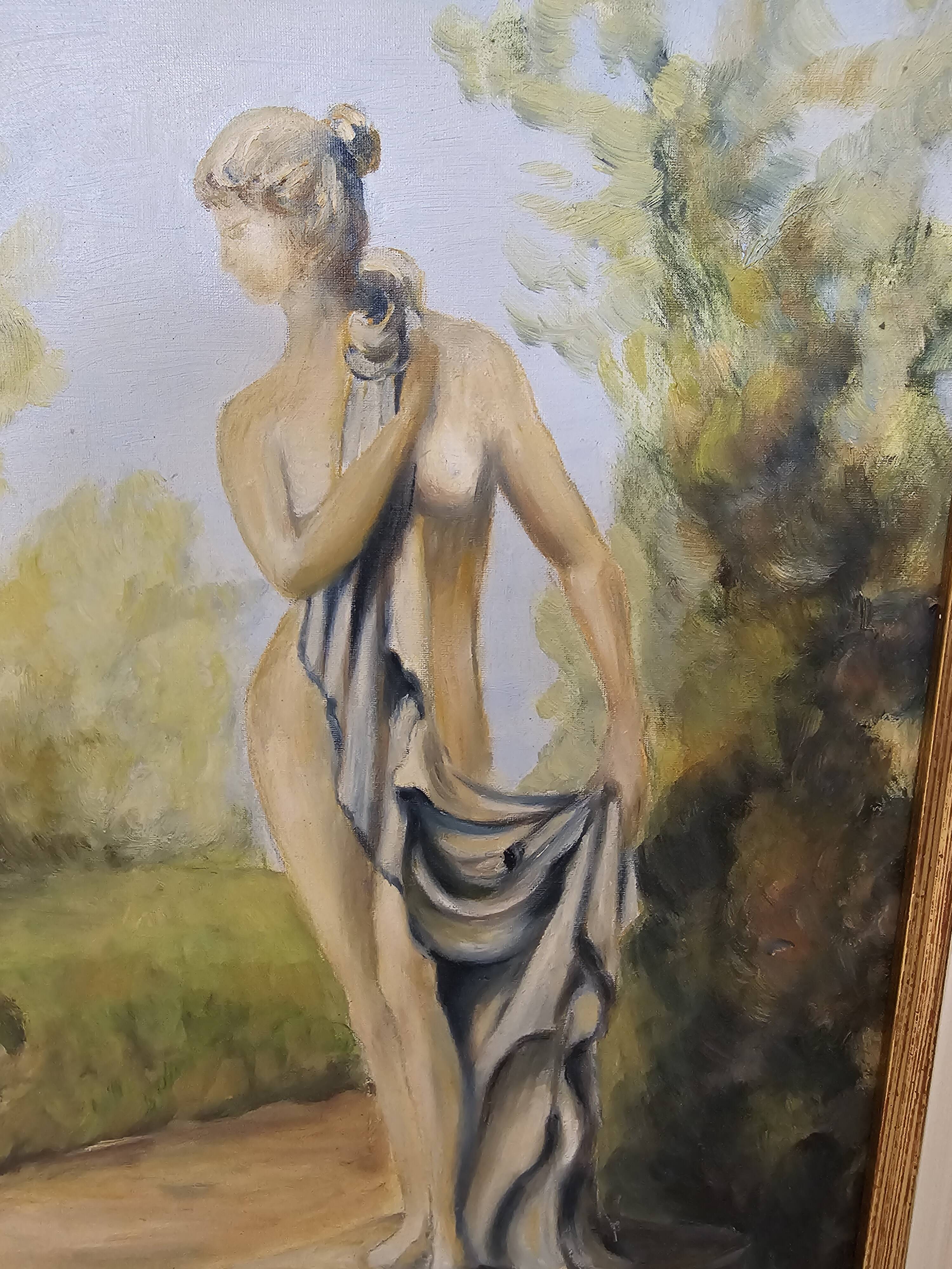 Oil on Canvas - Statue in a Park Signed Devaud