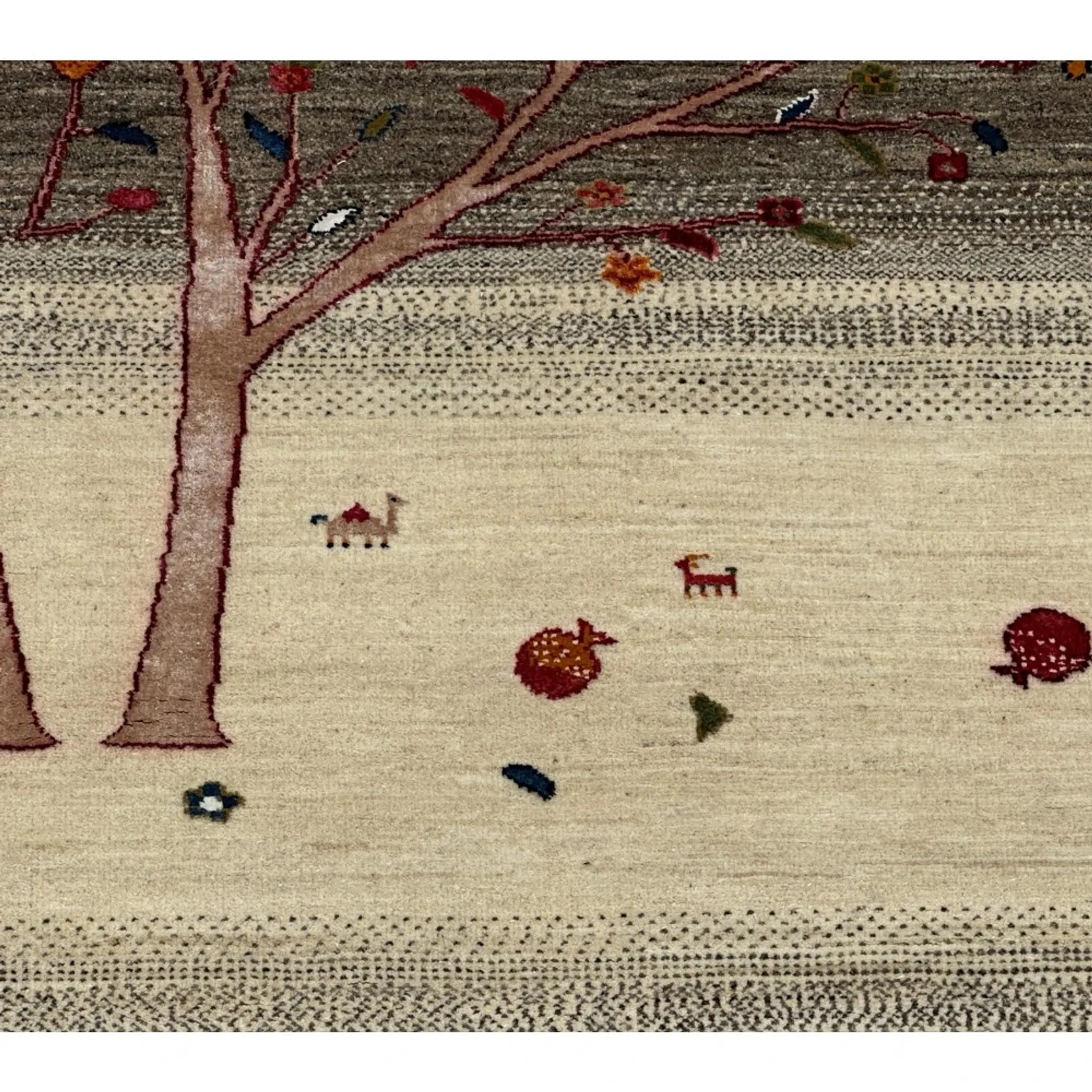 Hand-Knotted Wool Area Rug for Living Room, Tree Design Beige and Brown Carpet