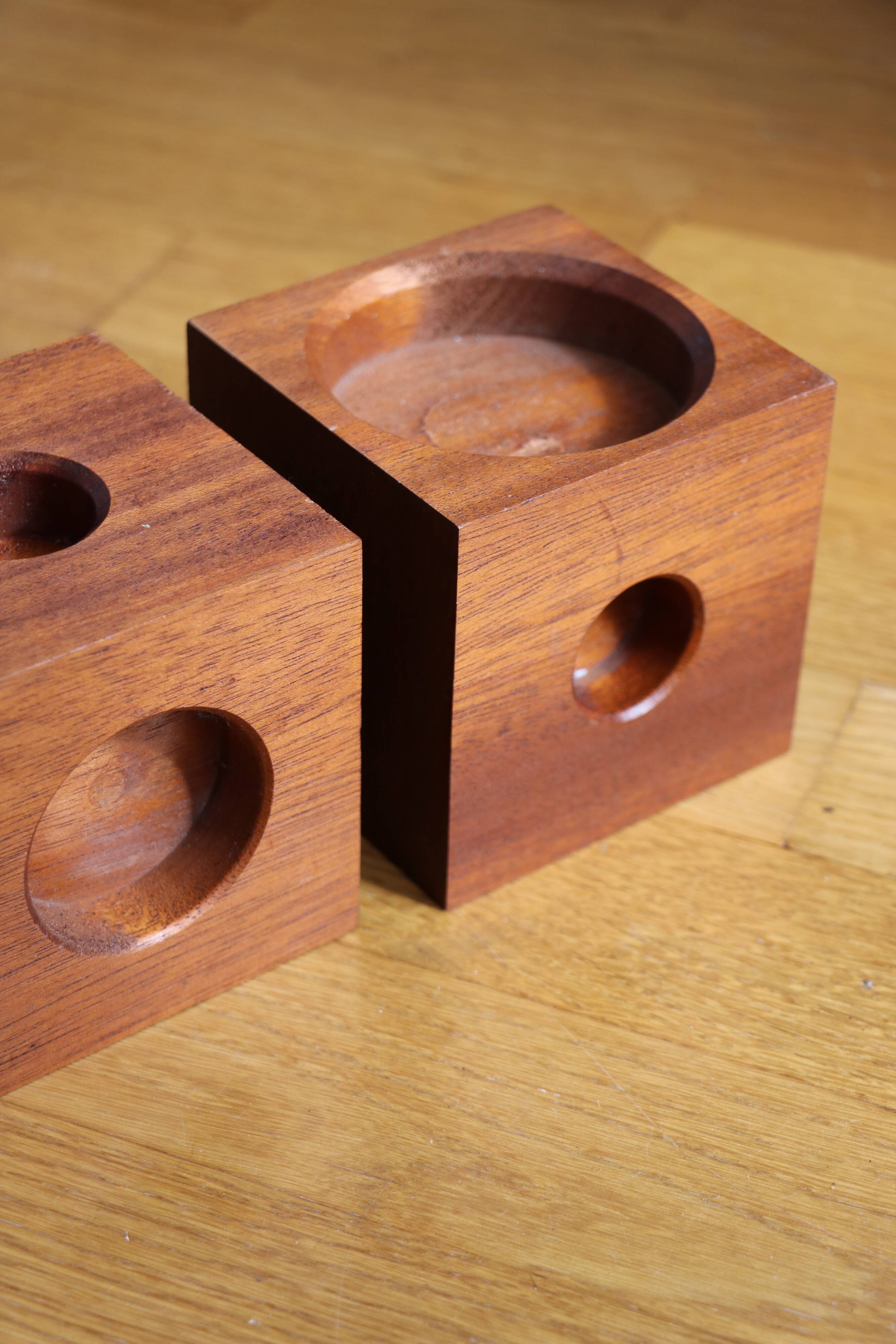 Duo of Scandinavian teak cube candlesticks