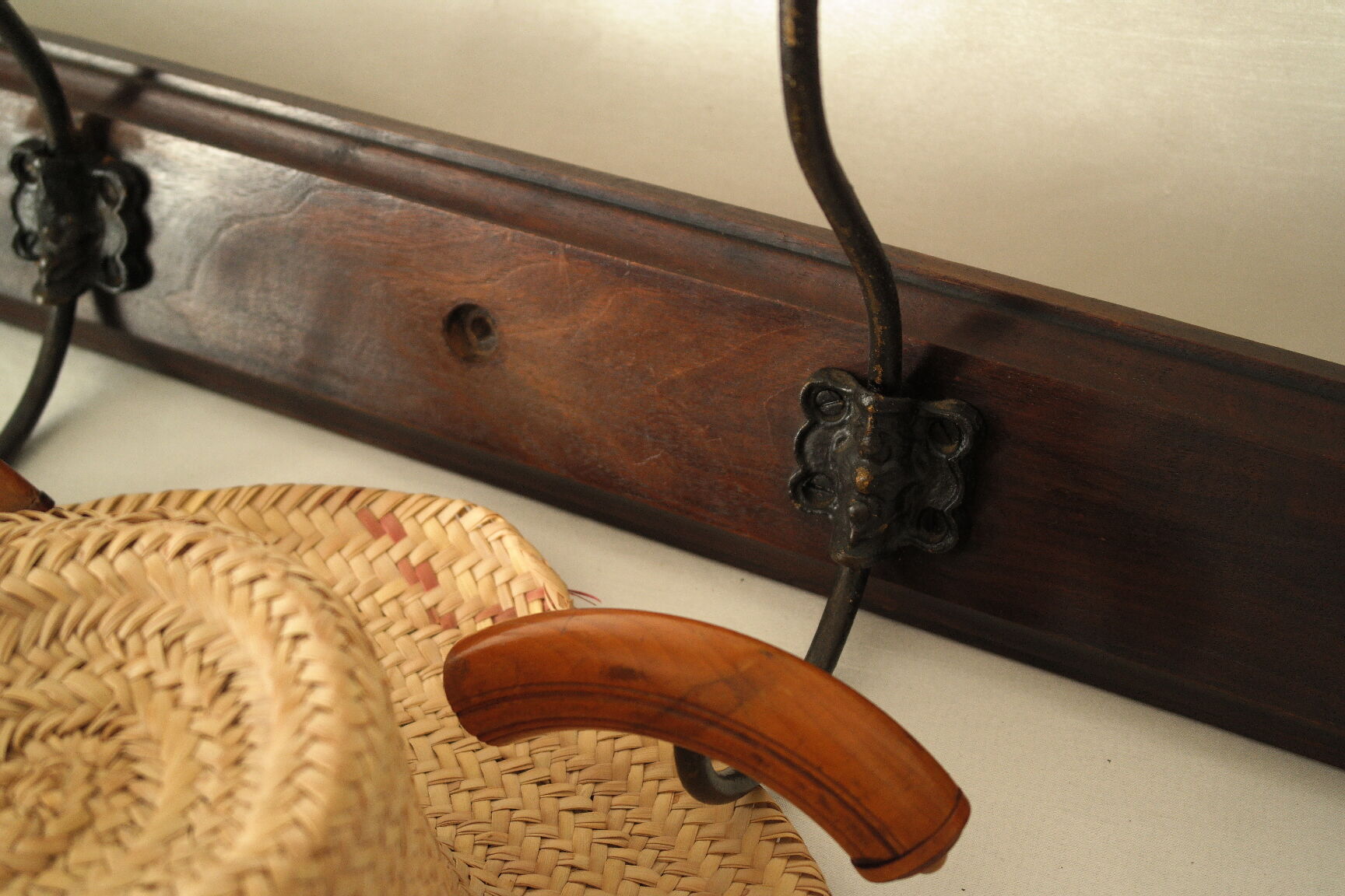 Vintage walnut wall-mounted coat rack for school, bistro.