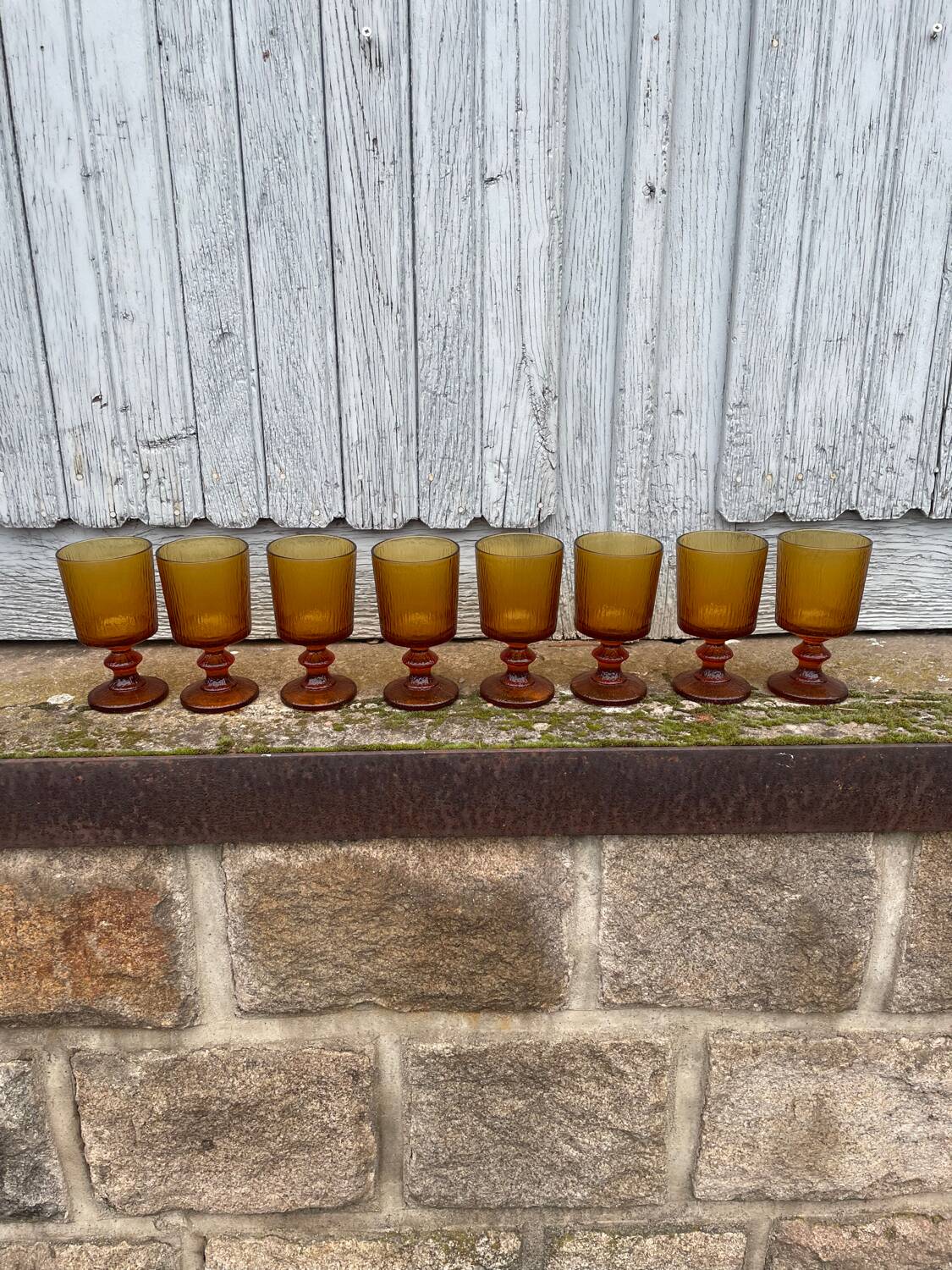 8 vintage amber moulded glass glasses