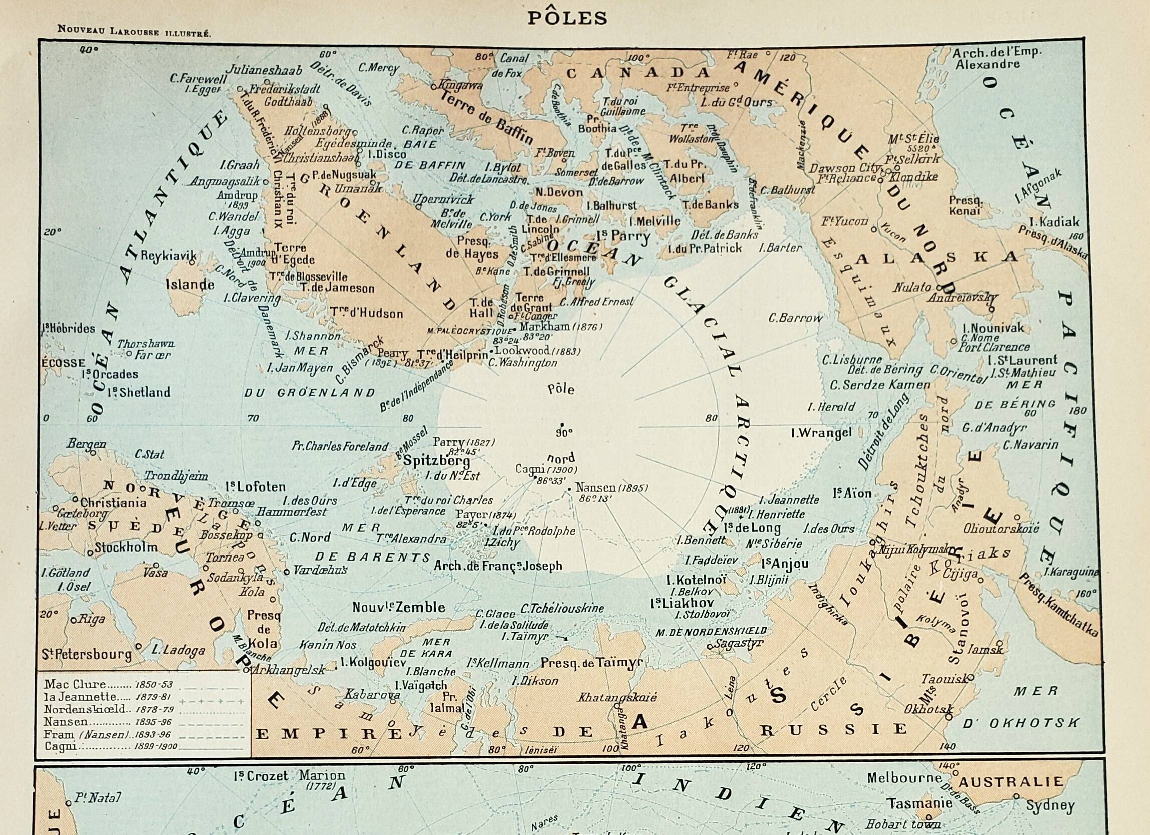 Old engraving 1898, Arctic and Antarctic Poles • Lithograph, Original plate