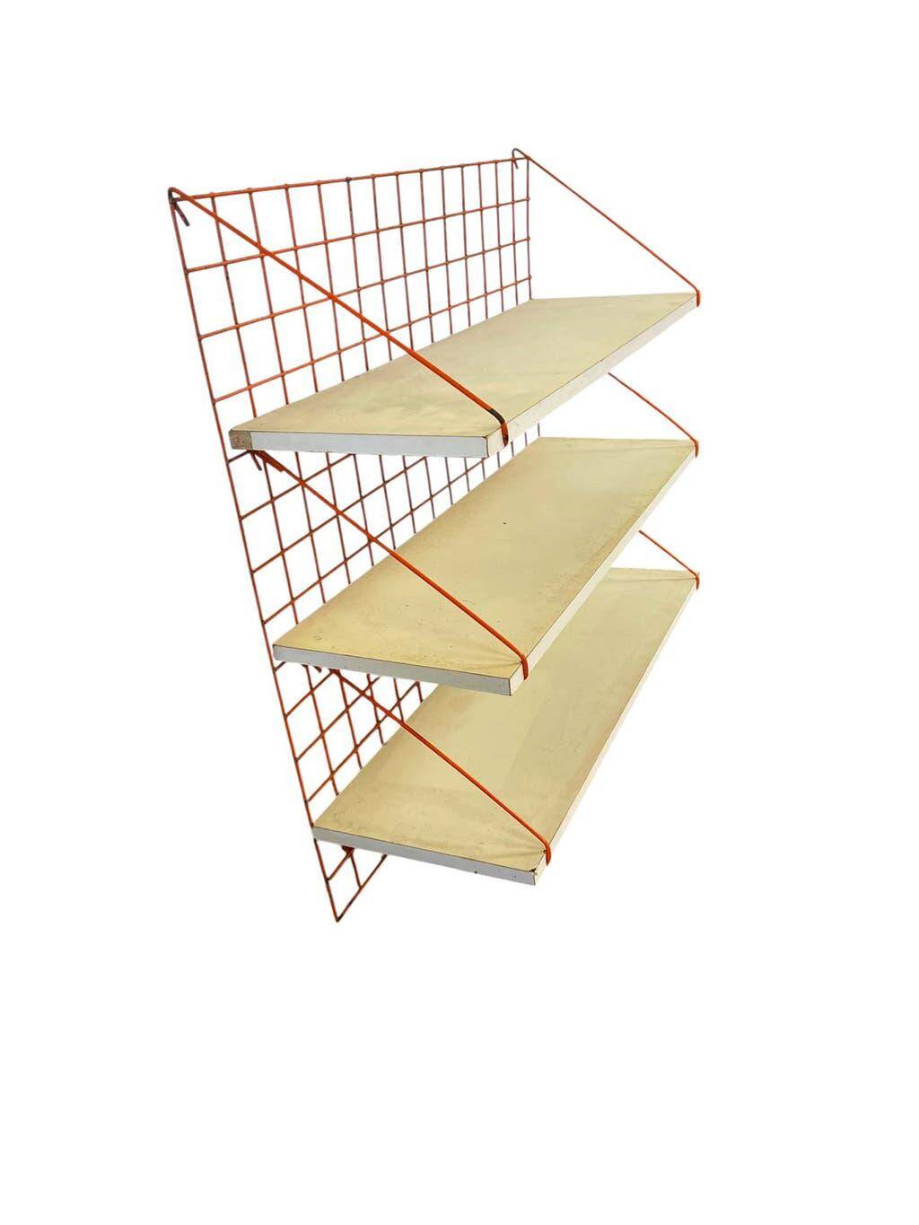 Vintage orange-red multi-level wall shelf with grid