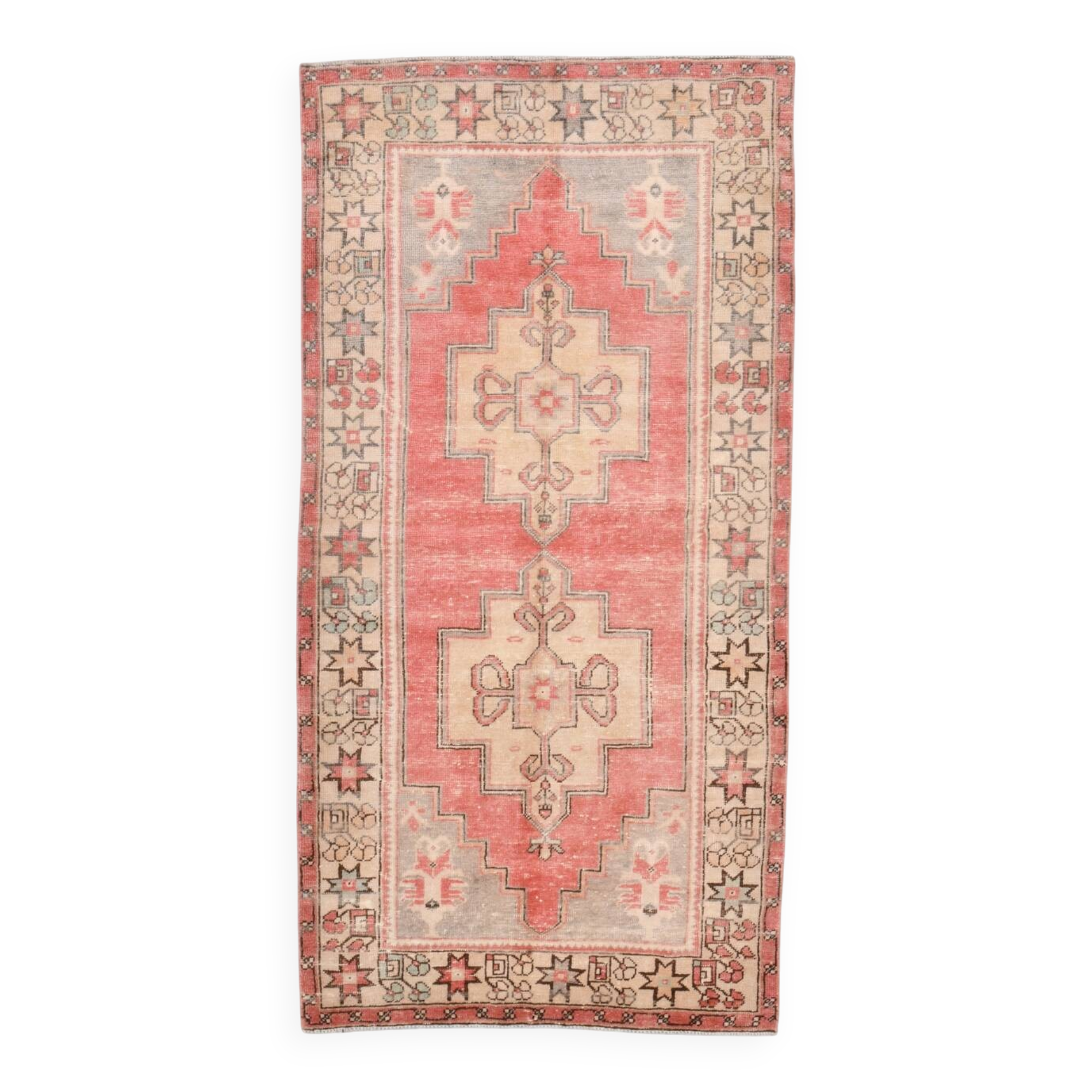 4x8 Red Cream Handmade Oriental Vintage Rug, 117x230Cm