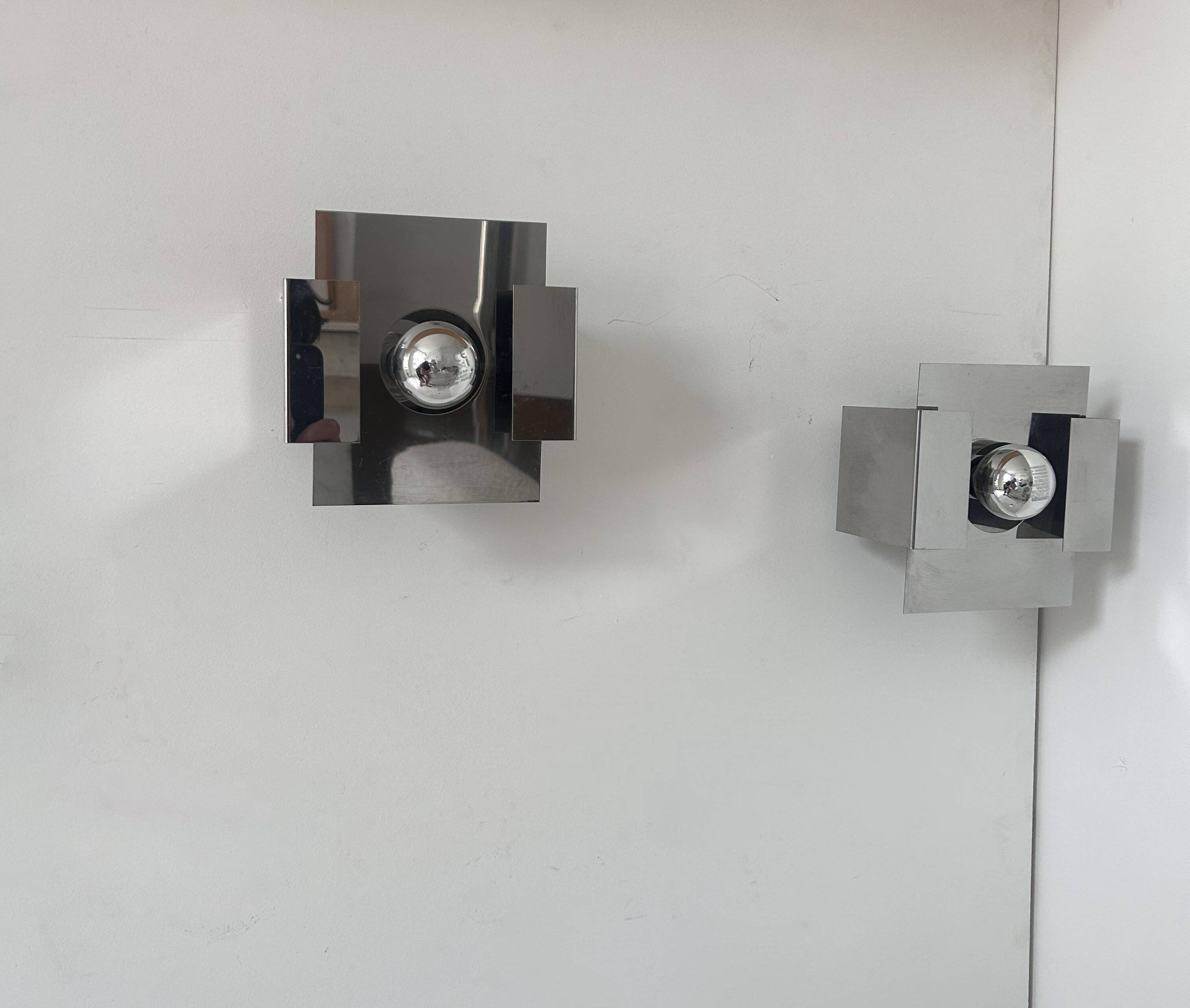 Pair of vintage wall lights, chrome metal, France 1970