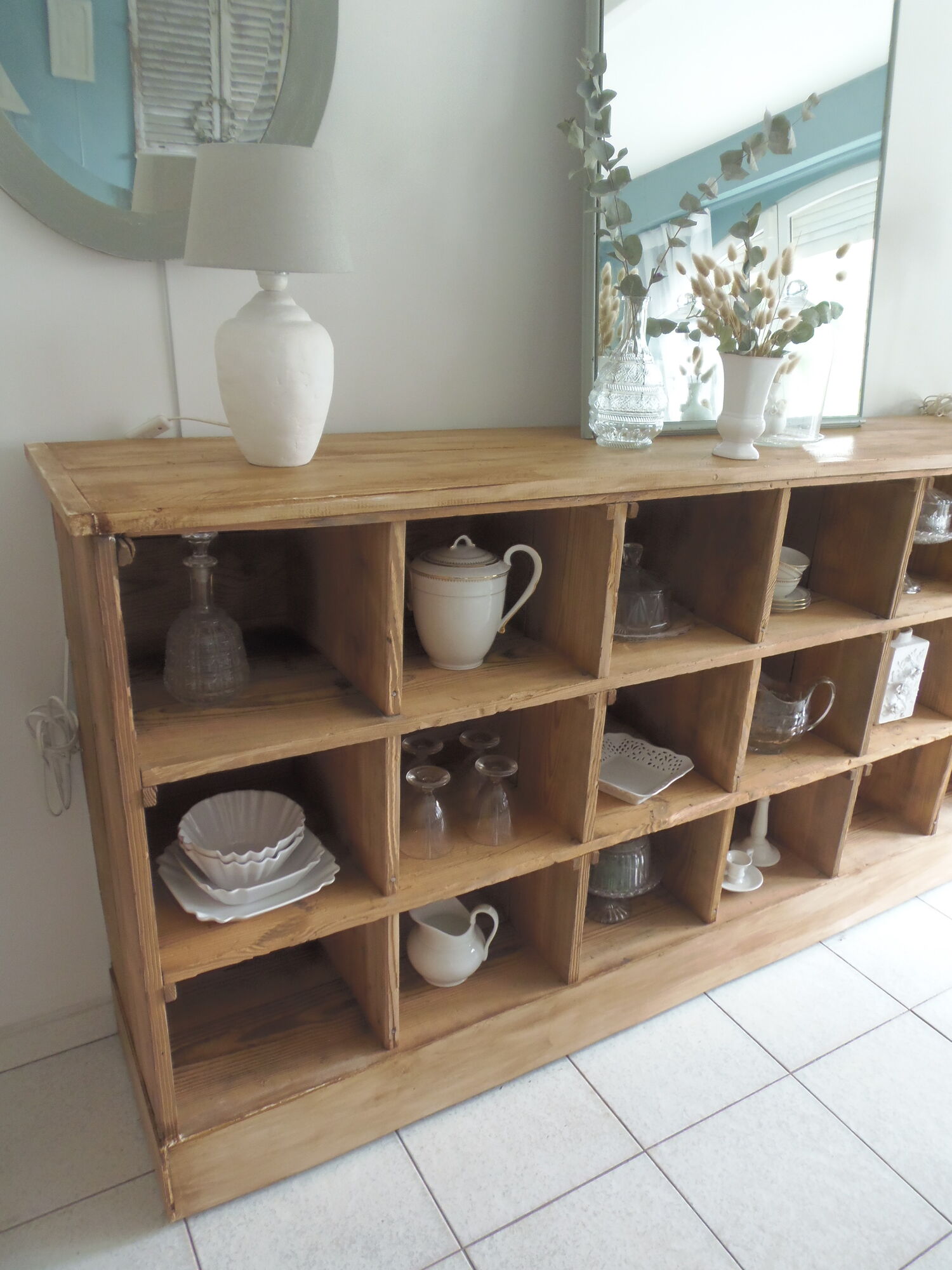 Vintage craft furniture on pitchpin wheels, 18 lockers.