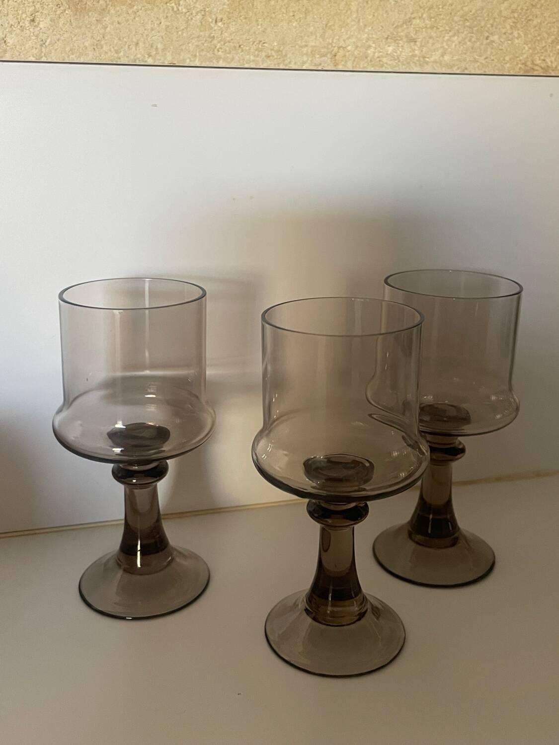 3 stemmed digestif glasses, smoked brown glass