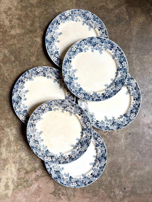 6 assiettes plates Sarreguemines en terre de fer bleue, service ''Récamier