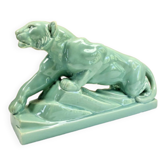 Sculpture lionne craquelé art déco 1930 signée odyv