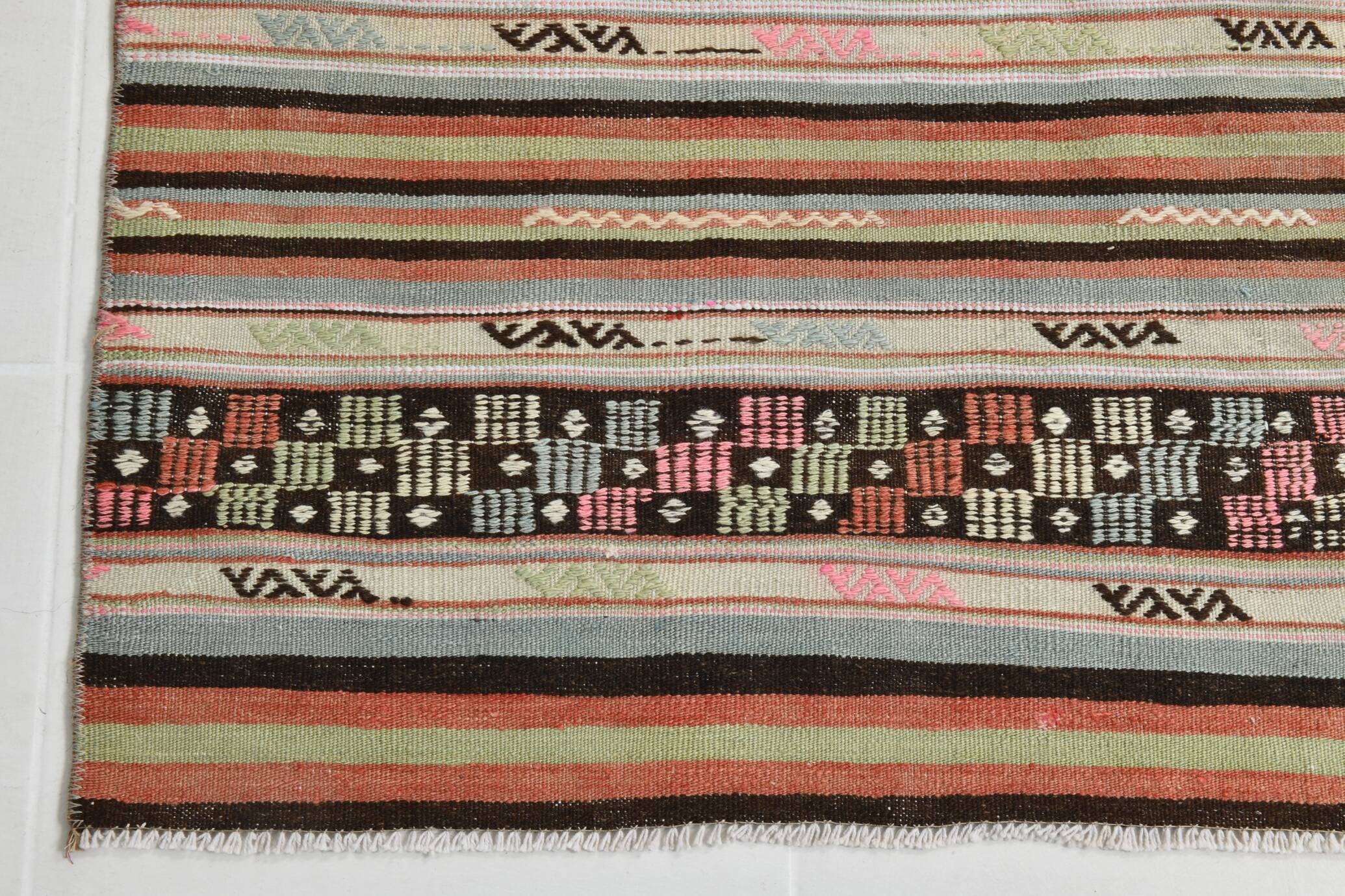 2x9 Green & Orange Striped Kilim Runner Rug, 74x276Cm