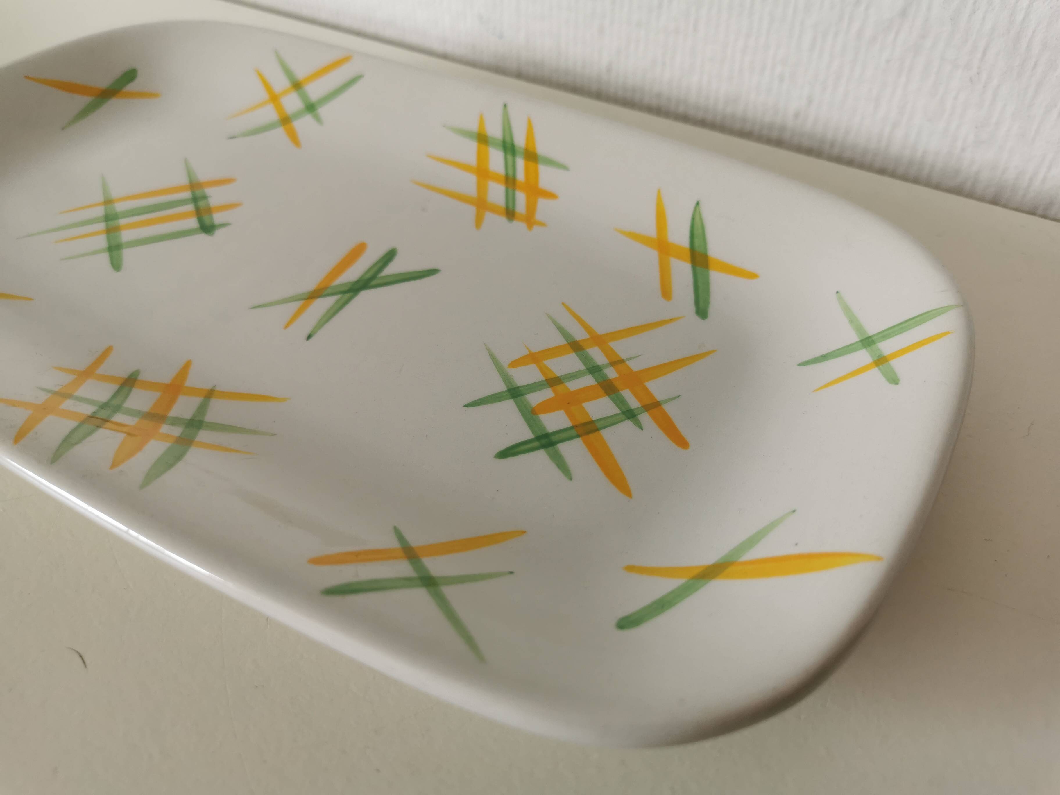 Lunéville rectangular dish/dish with green and yellow geometric pattern