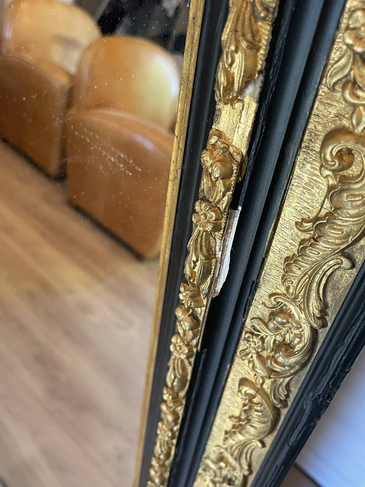 Authentic Antique Mercury Mirror with Parcloses and Ears – Golden Patina