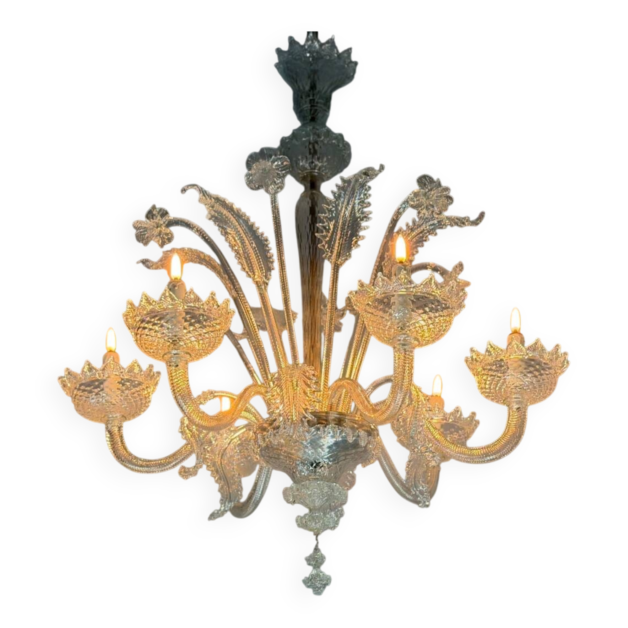 Venetian chandelier made of Murano glass, six light arms, circa 1940.