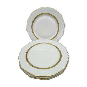 Lot de 4 assiettes à dessert en porcelaine de Limoges blanc et double dorure