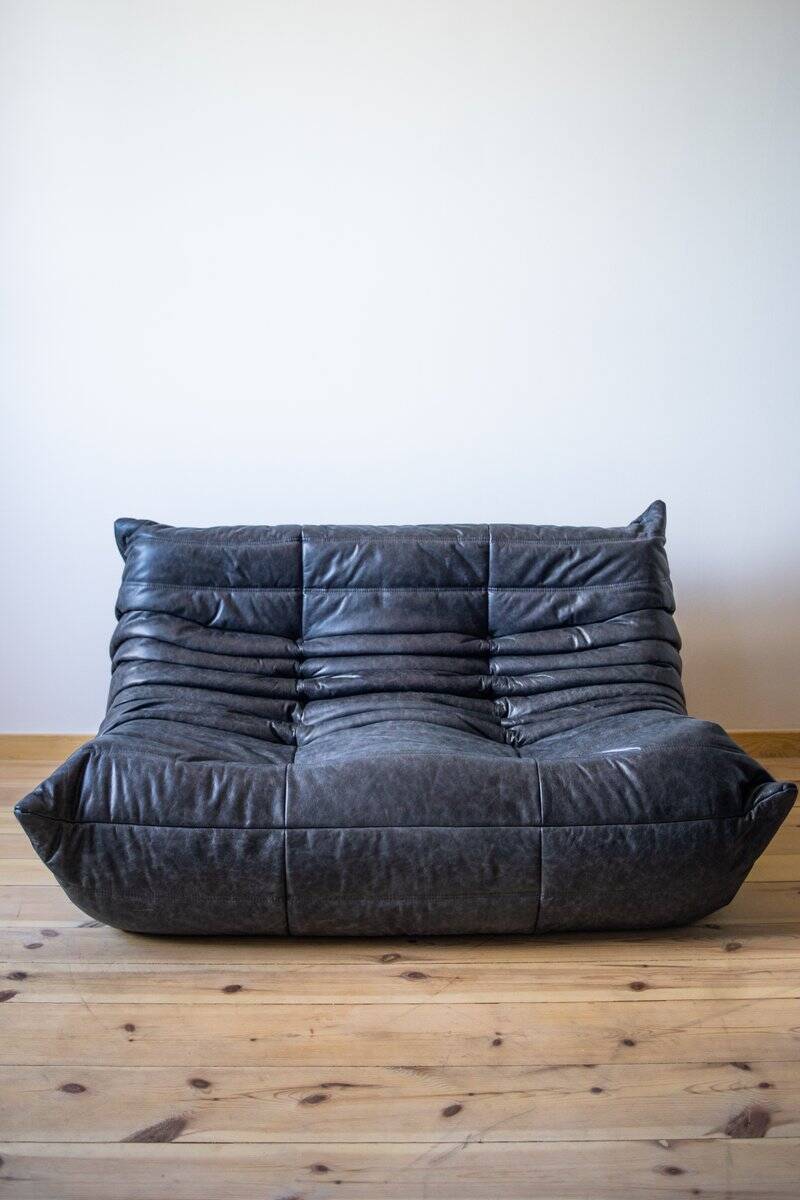 Black leather 3-seat Togo sofa attributed to Michel Ducaroy for Ligne Roset