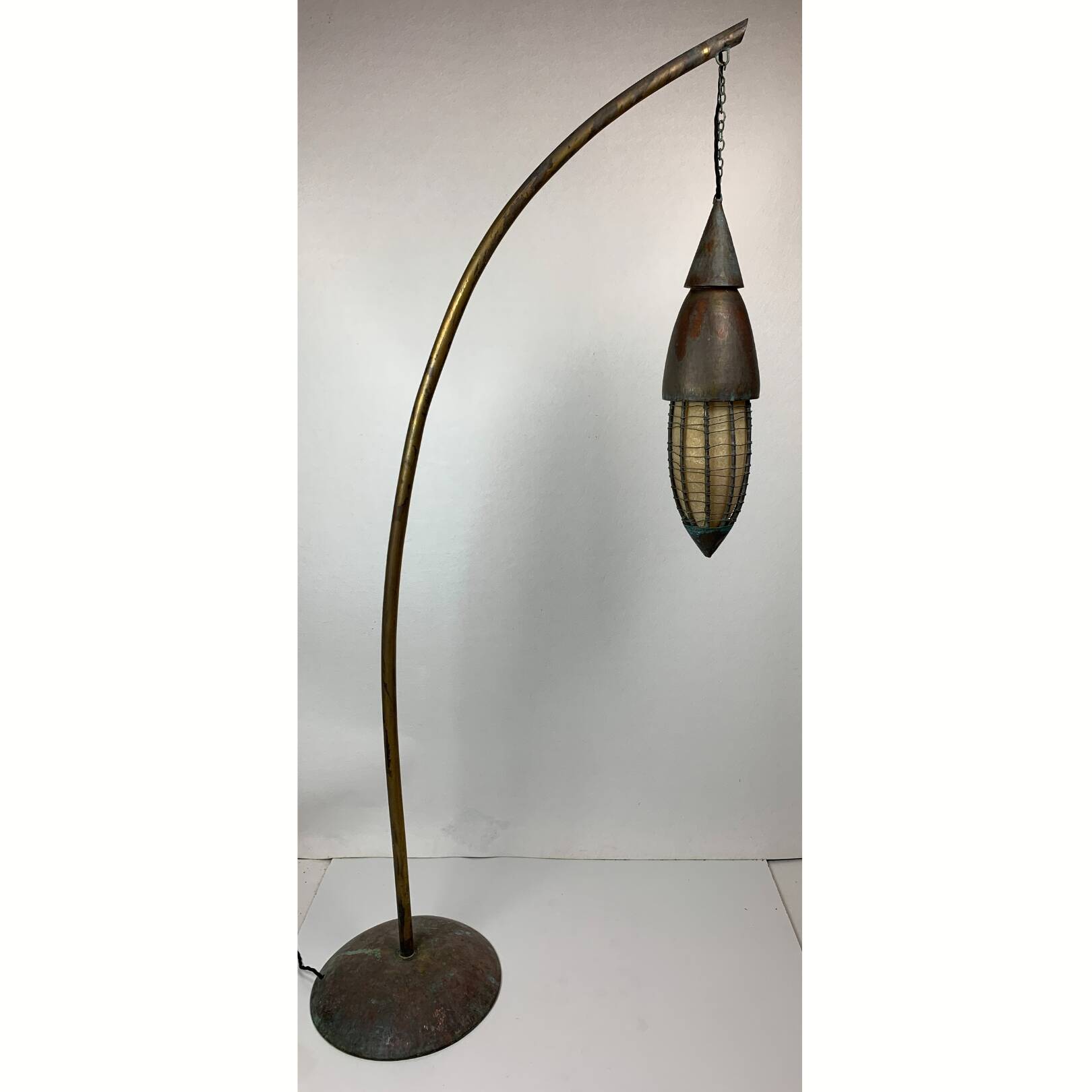 Patinated rustic copper and steel floor lamp with lantern, Indonesia 1980s
