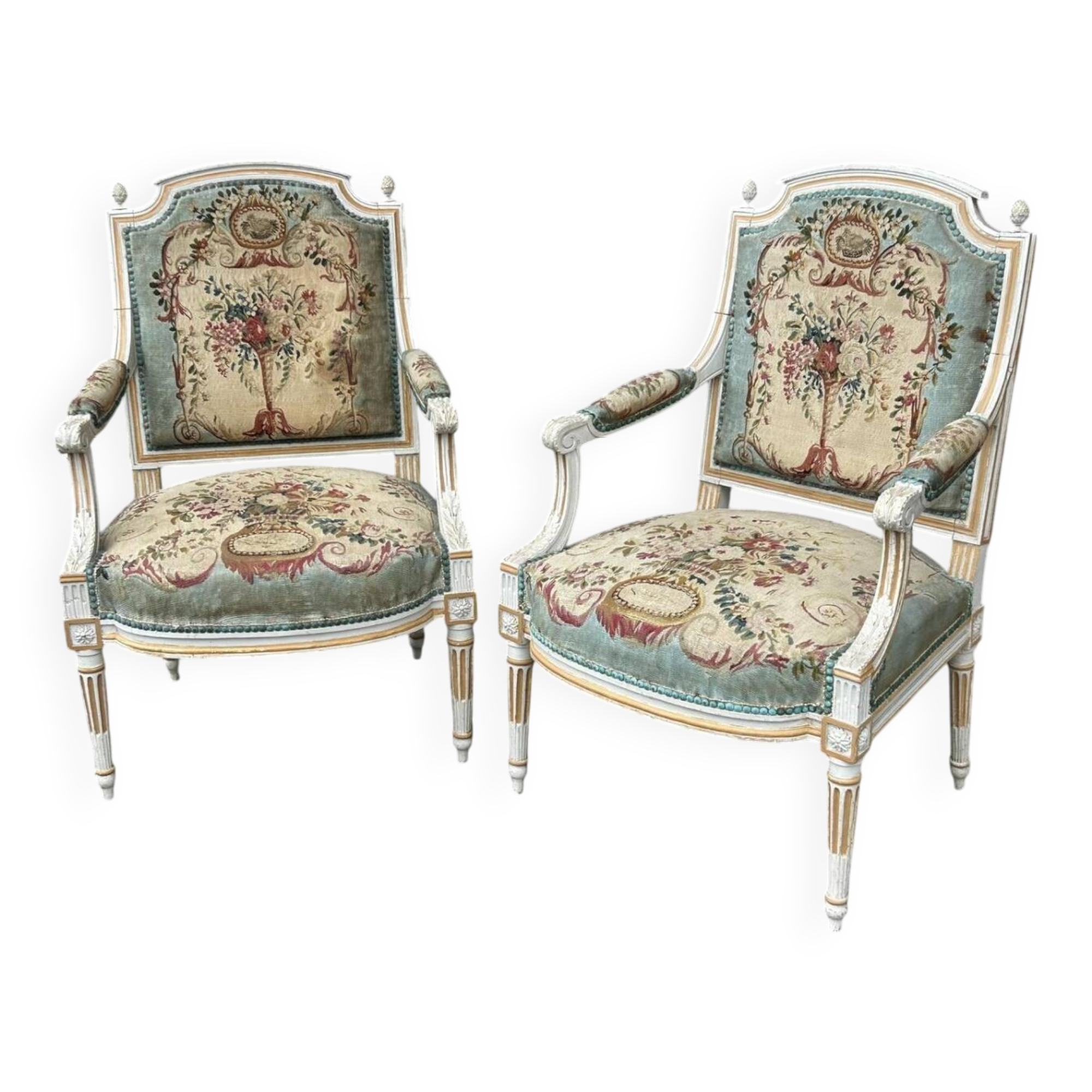 Pair of Louis XVI Cabriolet Armchairs - Lacquered and Upholstered Beech