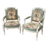Pair of Louis XVI Cabriolet Armchairs - Lacquered and Upholstered Beech