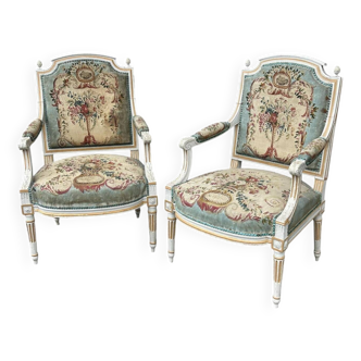 Paire De Fauteuils En Cabriolet D’époque Louis XVI - Hêtre Laqué Et Garnitu
