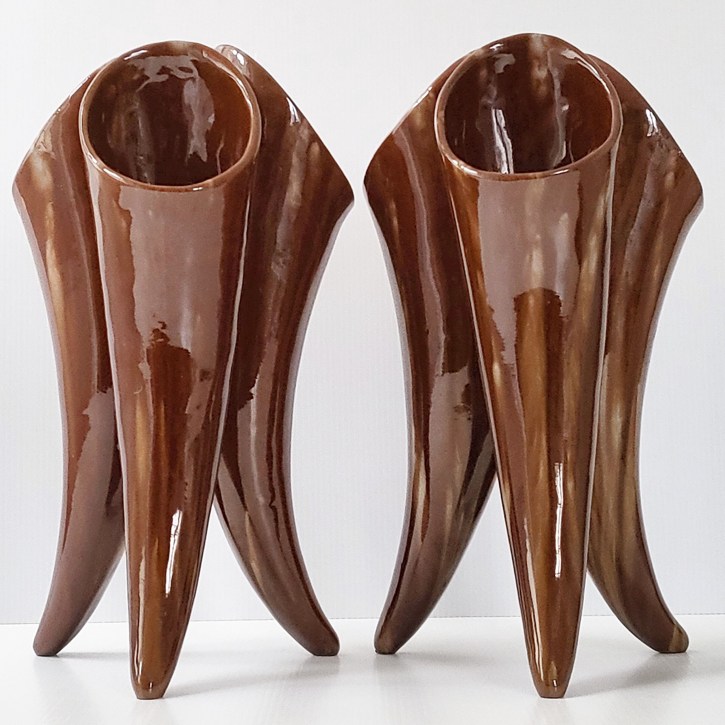 Pair of vases with 3 vintage horns 1960