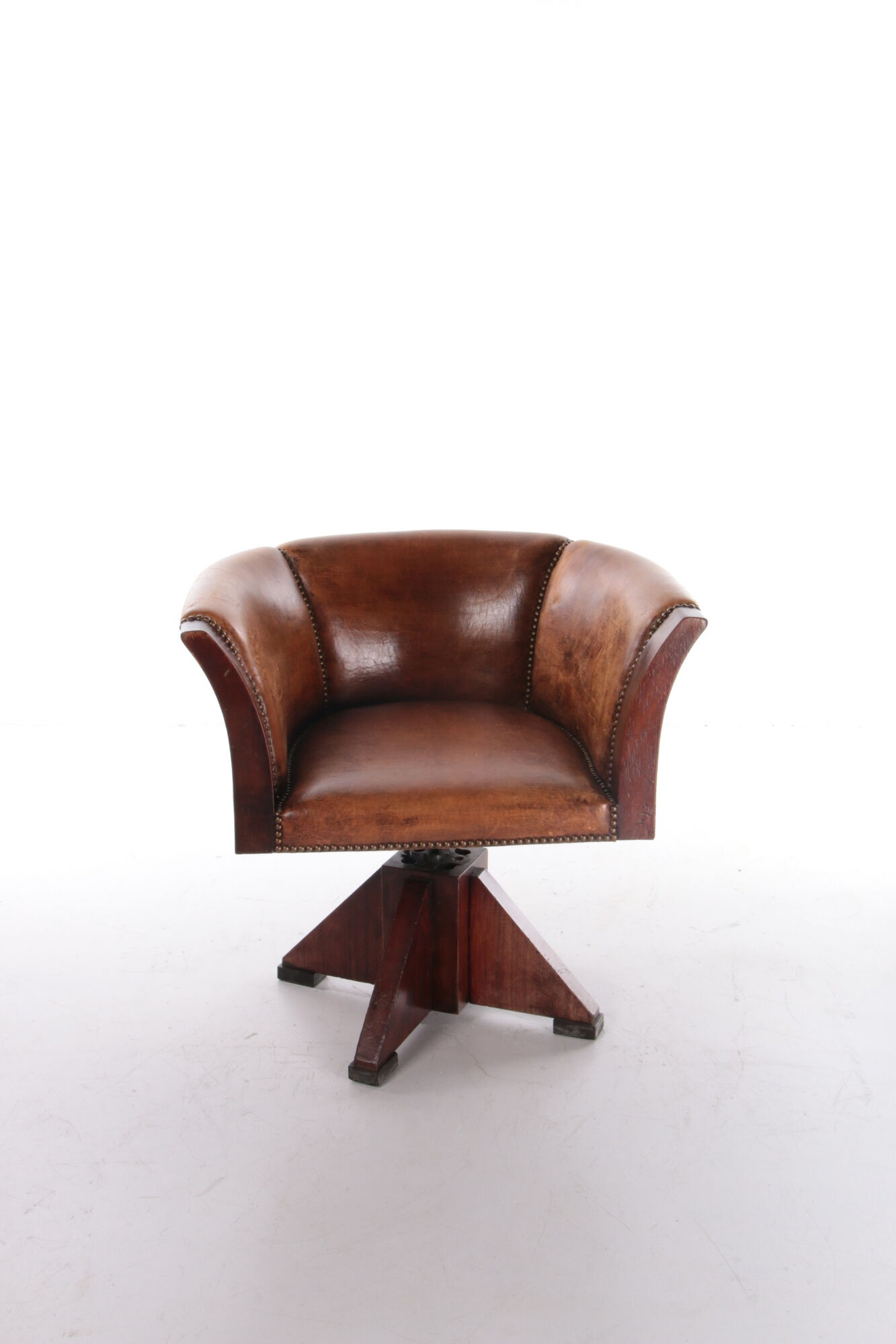 Sheepskin leather desk chair with wooden swivel base, 1970
