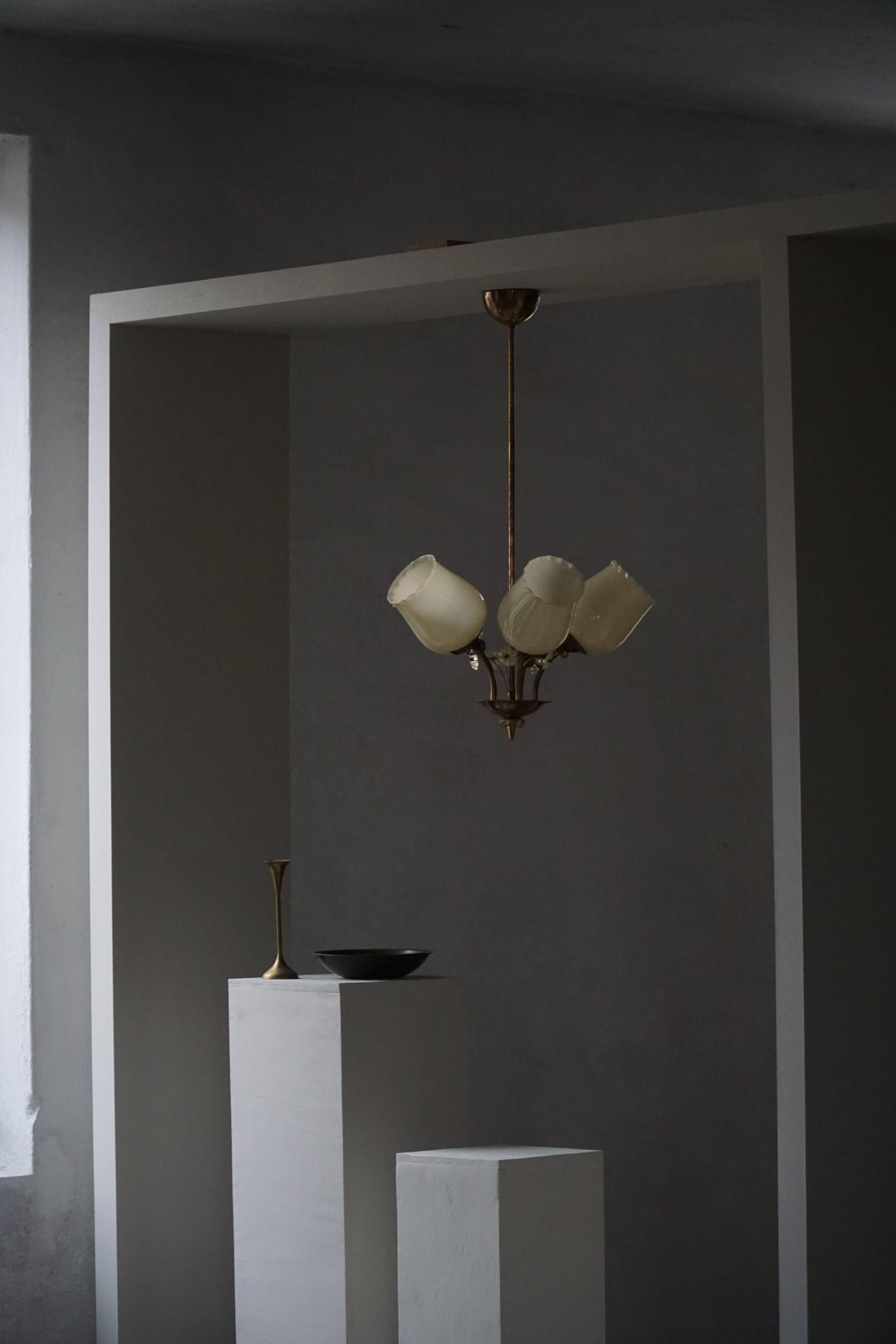 Brass and Glass Mid-Century Chandelier by Itsu, Finland, 1950s