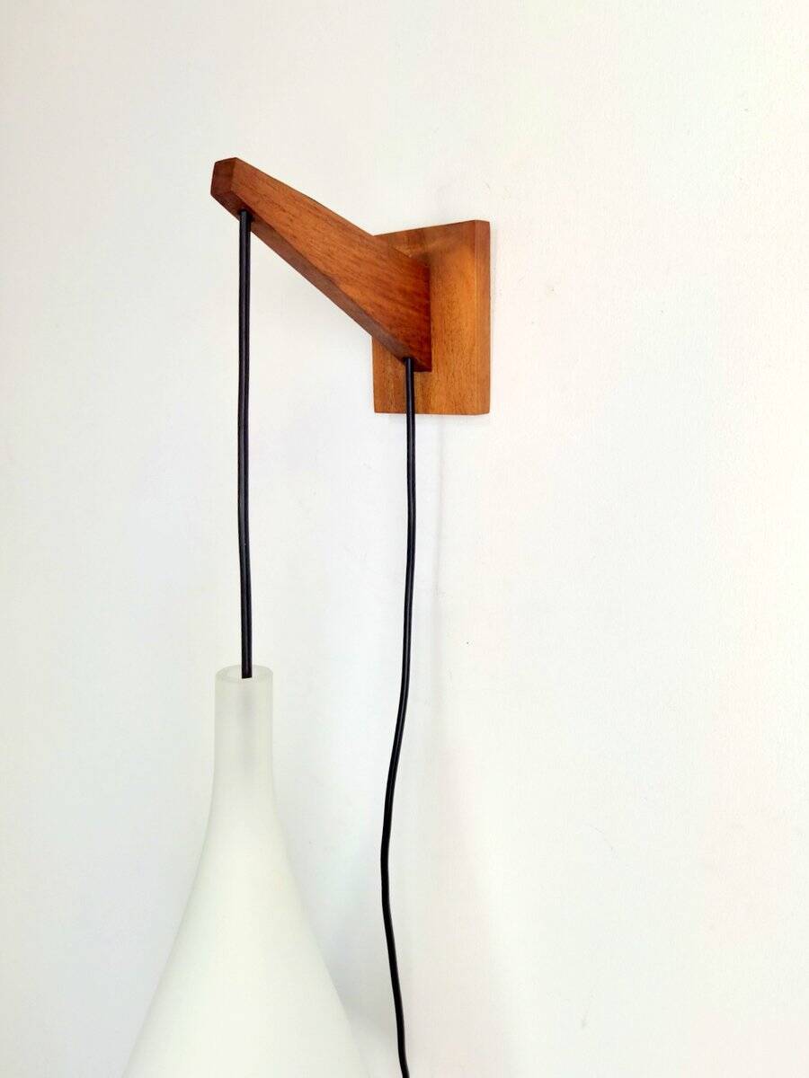 Vintage Tear Drop Wall Lamp in Teak and White Glass, Denmark, 1960s
