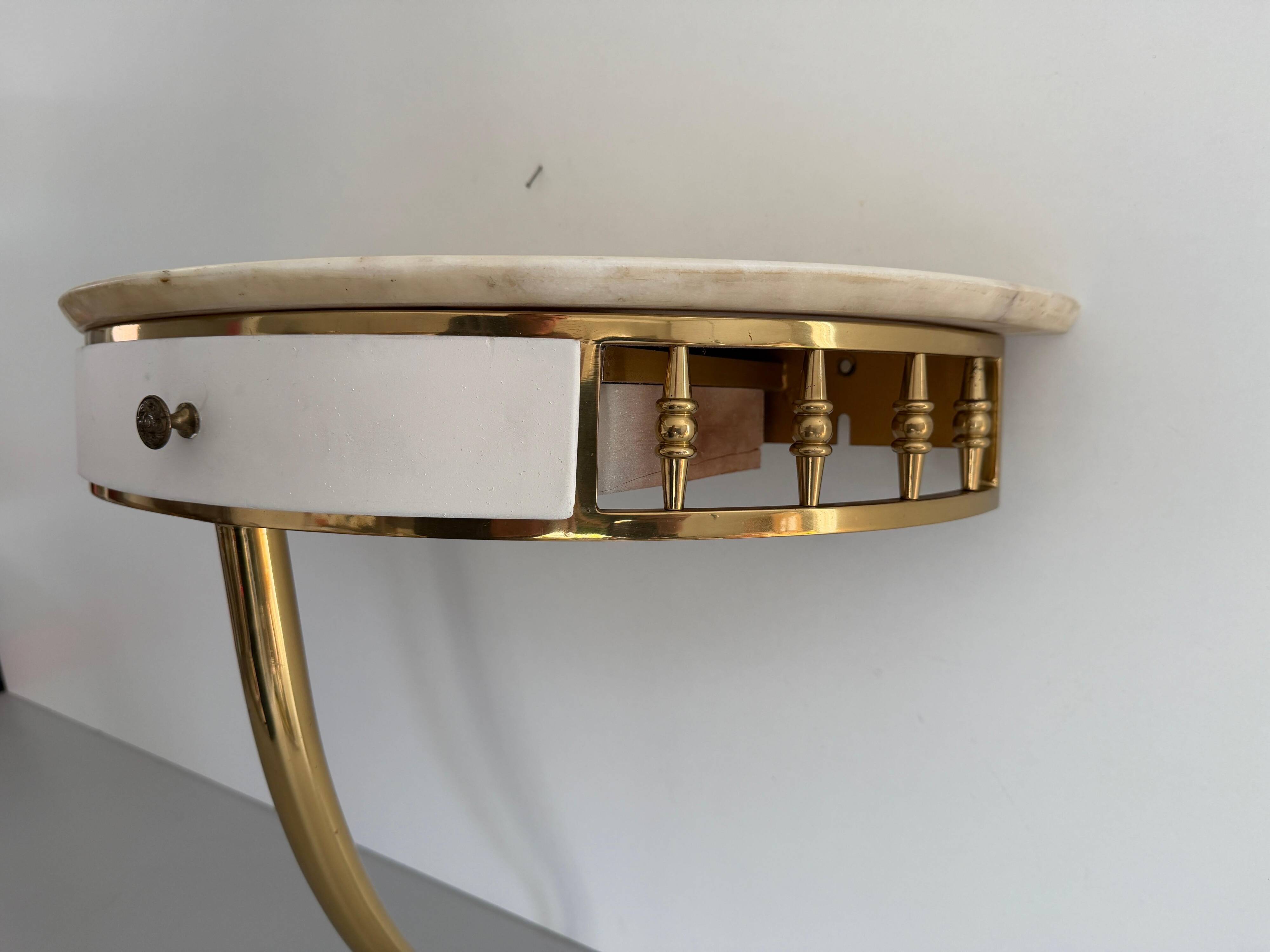 Floating wall console with drawer, brass body and marble top, 1960s, Italy