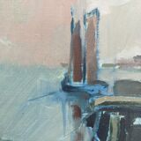 Mid 20th Century "Harbour Sundown" Swedish Modernist Coastal Scape Oil Painting, Framed