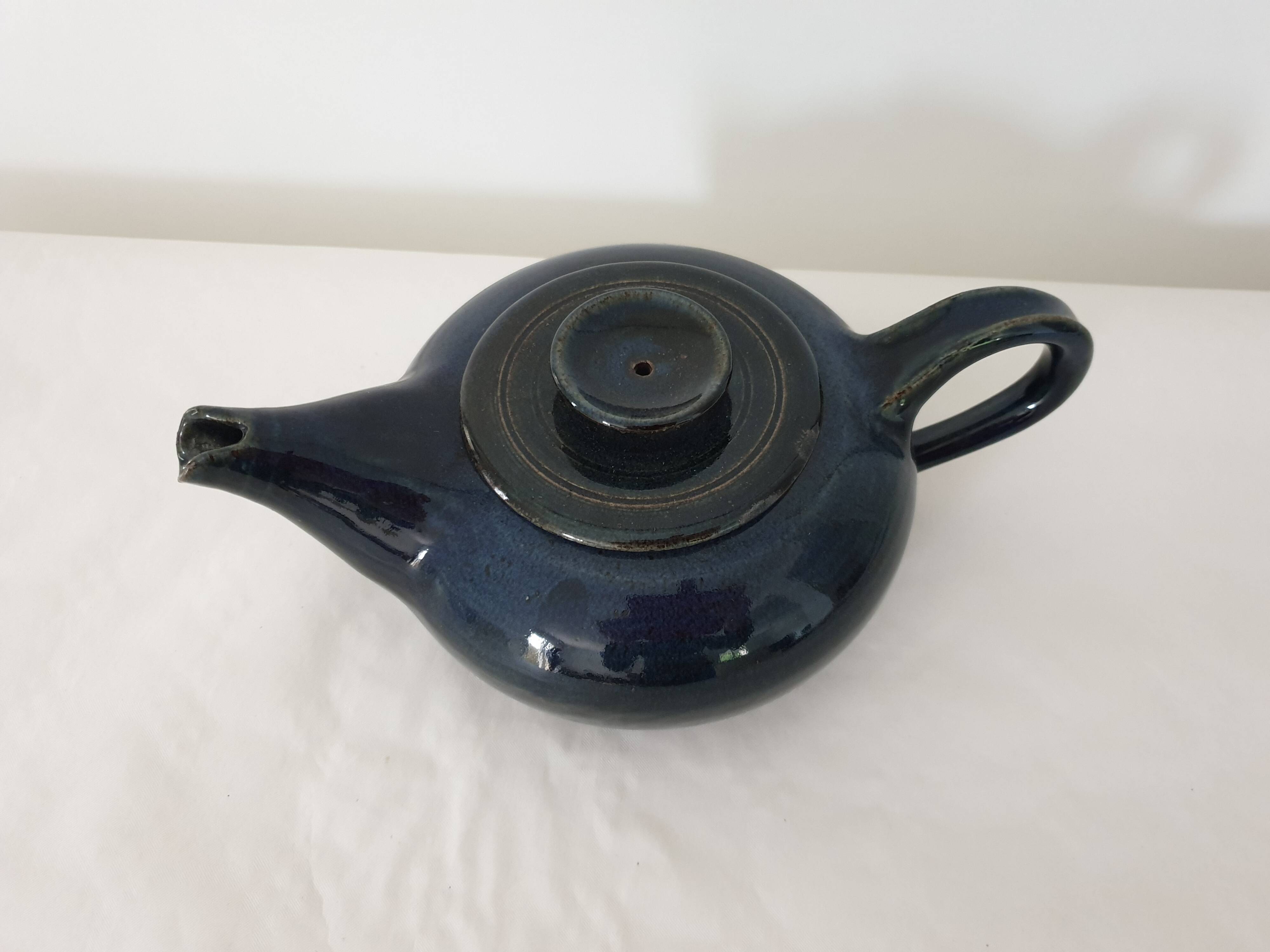Blue glazed stoneware ceramic teapot Signed Pictogram Signature to identify
