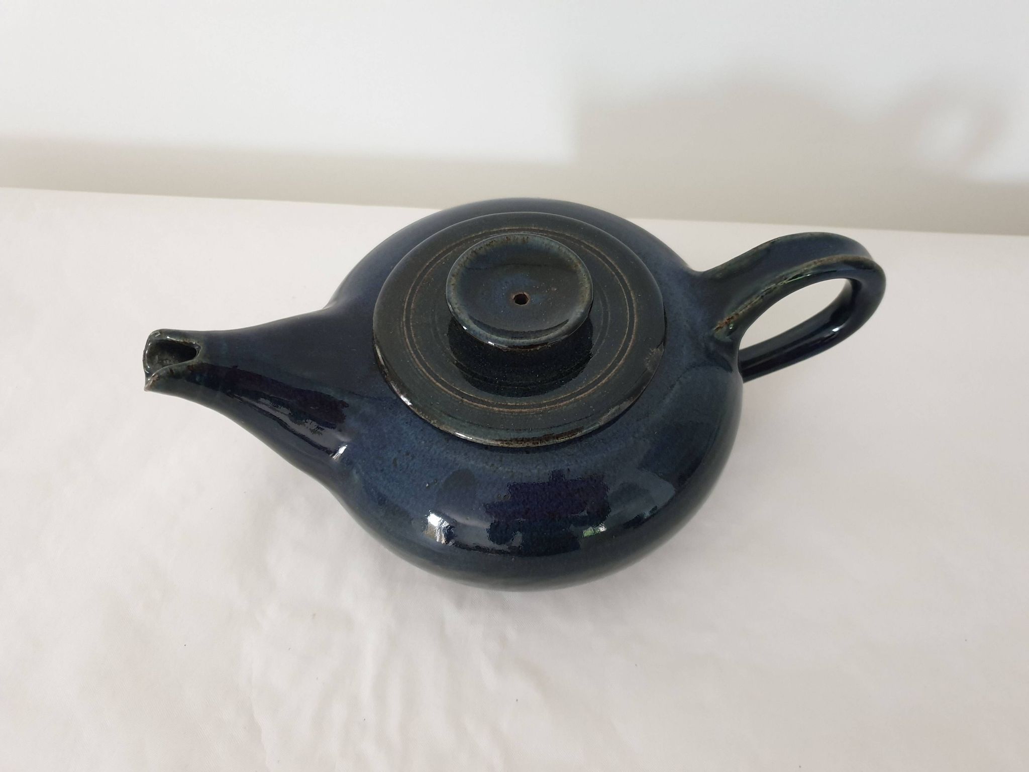 Blue glazed stoneware ceramic teapot Signed Pictogram Signature to identify