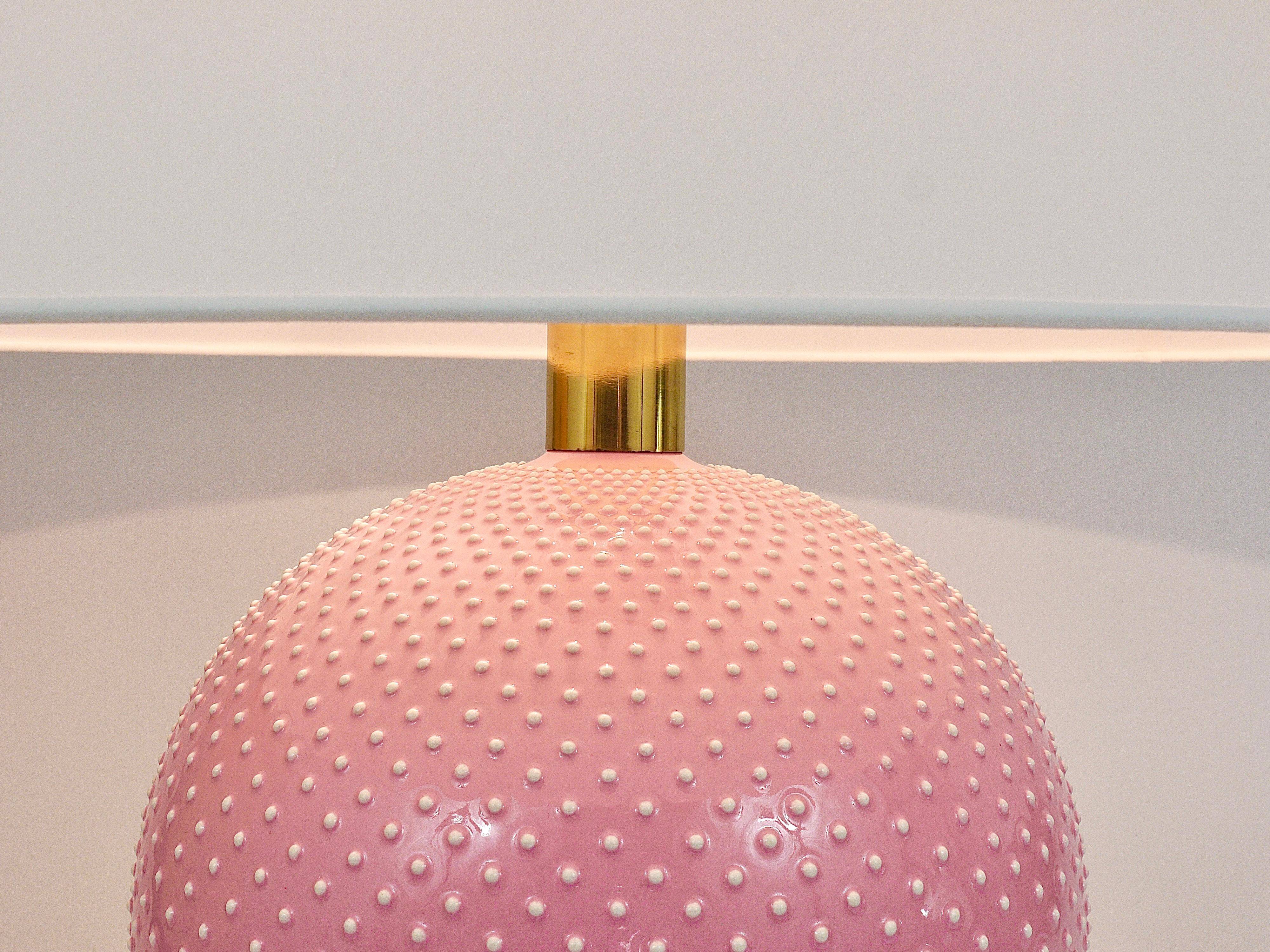 Pastel pink polka dot spherical table lamp, ceramic, brass, Studio Paf Milano, 1970.
