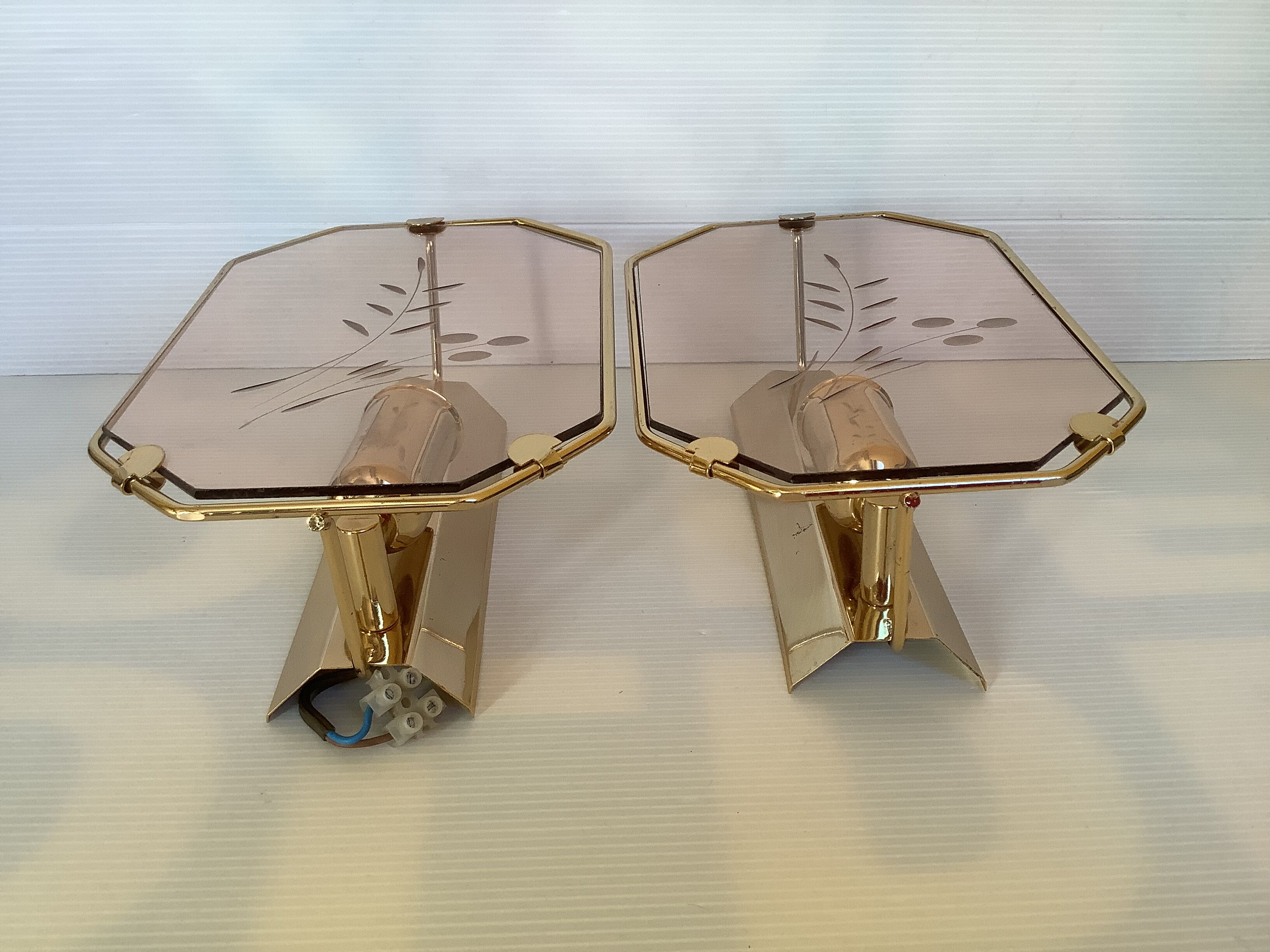 Pair of old brass wall lamps cut glass
