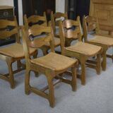 Set of 6 oak dining chairs with rush seat and 'Echelle' backrest in the style of Guillerme et Chambron 1950s