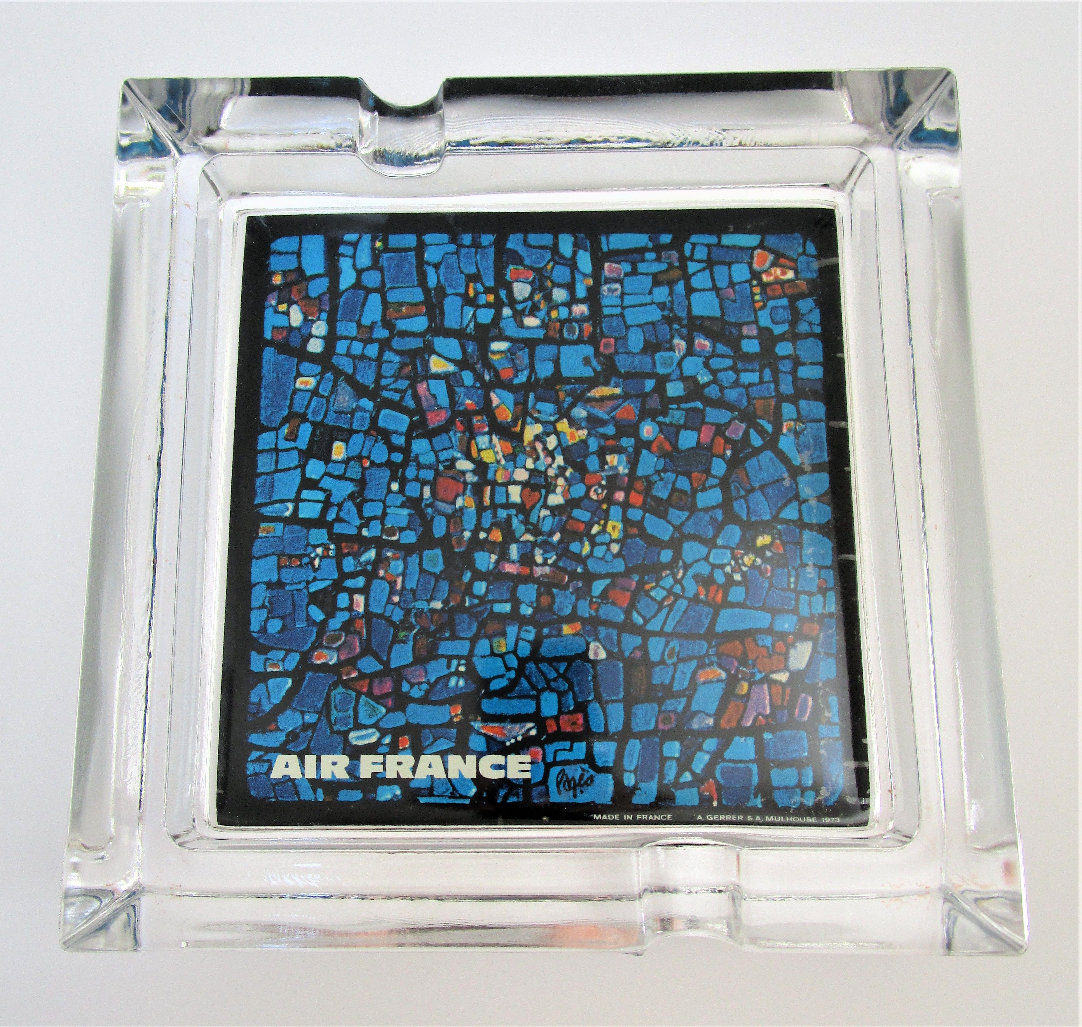 Ashtray thick glass blue decoration Air France 70s