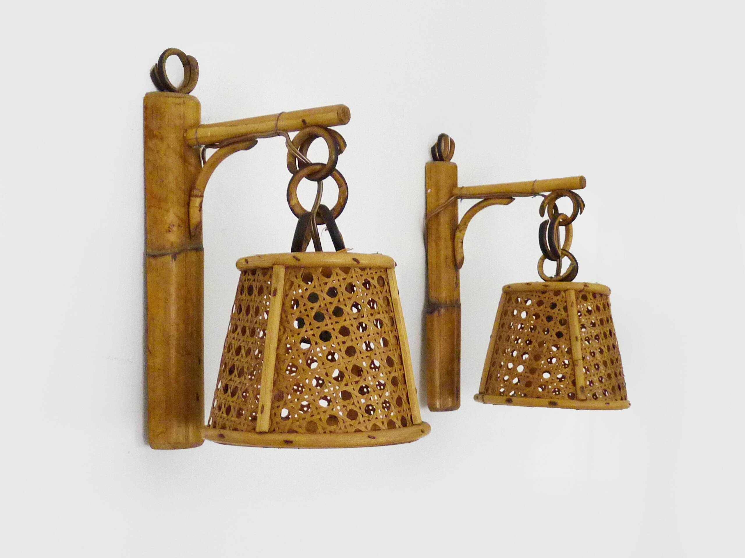 Pair of rattan and cane lantern wall lights. 1950s-60s