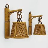 Pair of rattan and cane lantern wall lights. 1950s-60s