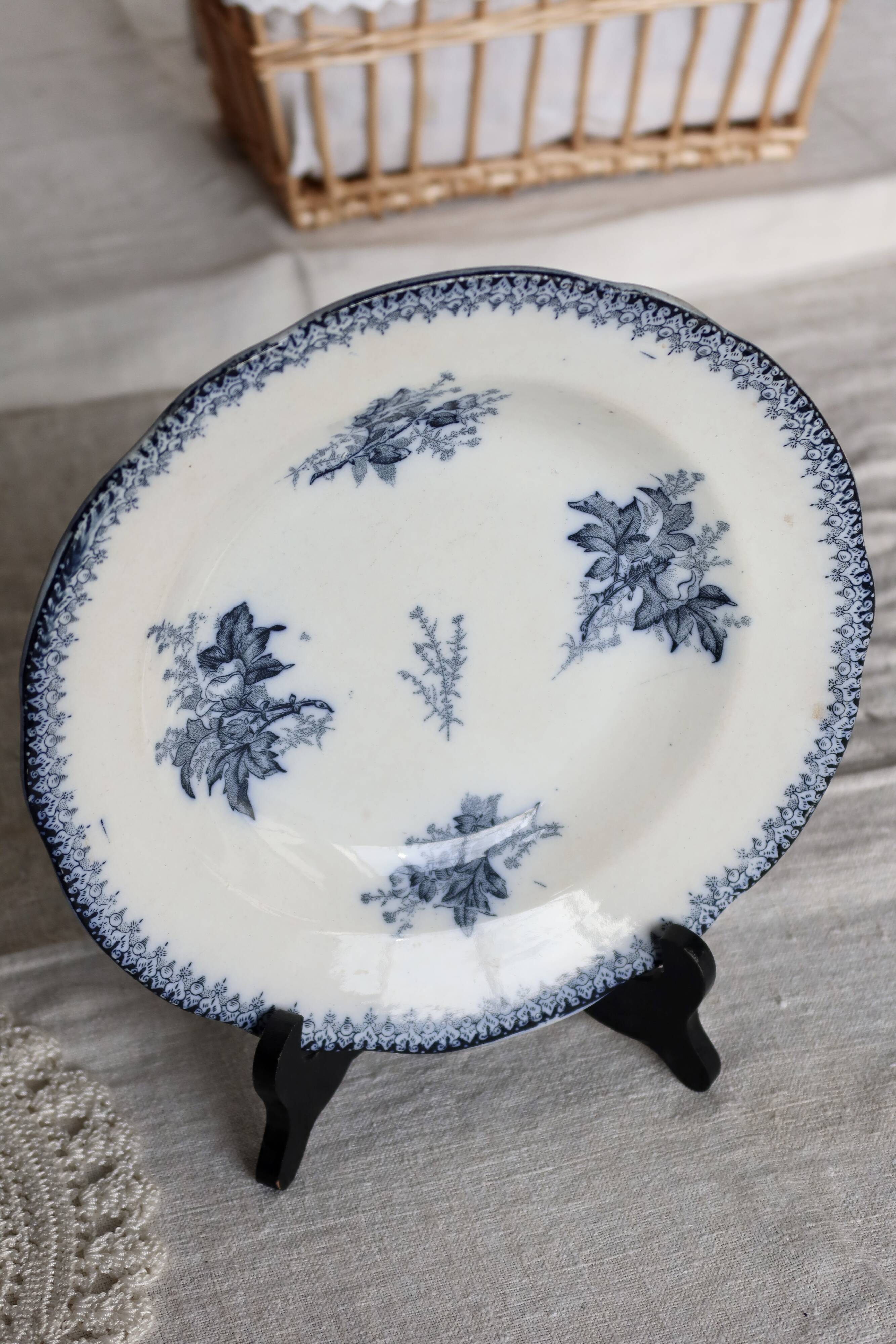 Antique hollow plate in Onnaing ironstone – Blue floral decoration