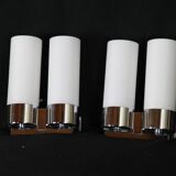 Pair of Modernist wall lights in chrome and double opaline metal, France, Mid-century.